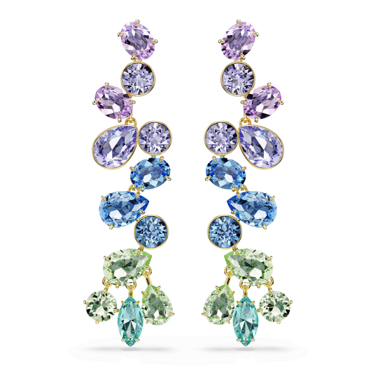 Gema drop earrings, Mixed cuts, Chandelier, Long, Multicolored, 18K gold finish