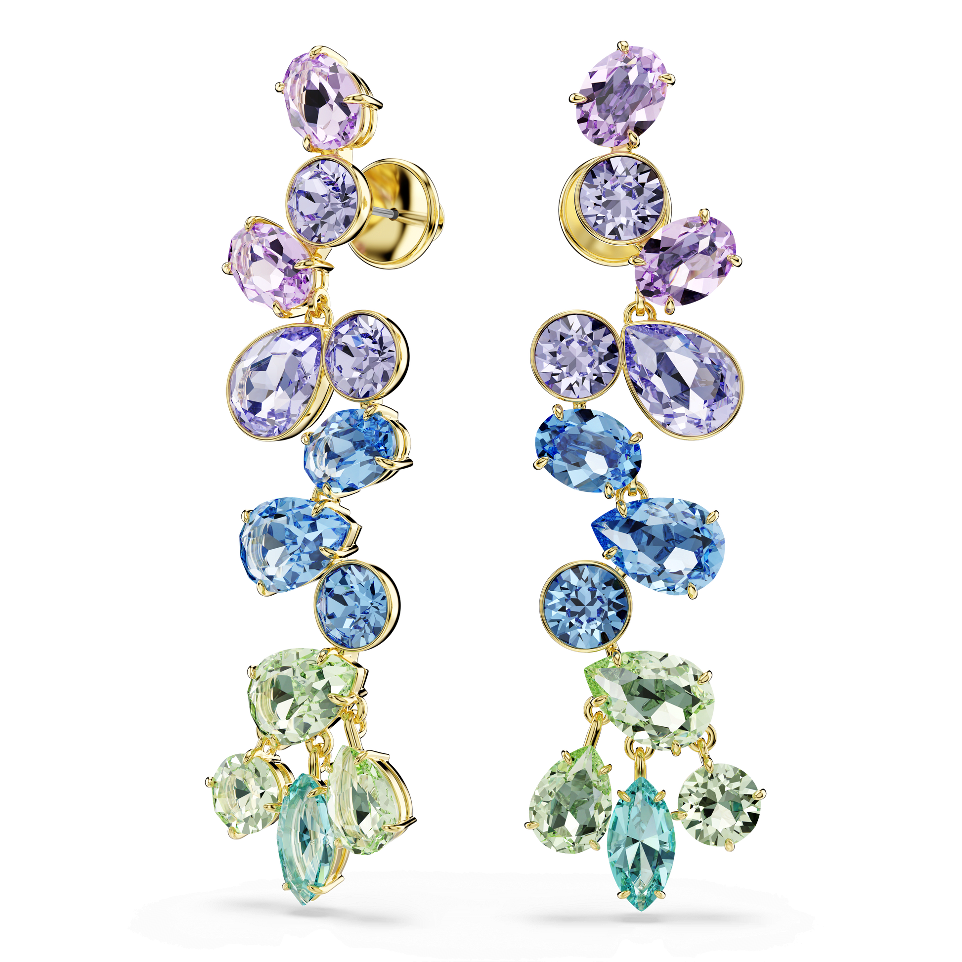 Gema drop earrings, Mixed cuts, Chandelier, Long, Multicolored, 18K gold finish