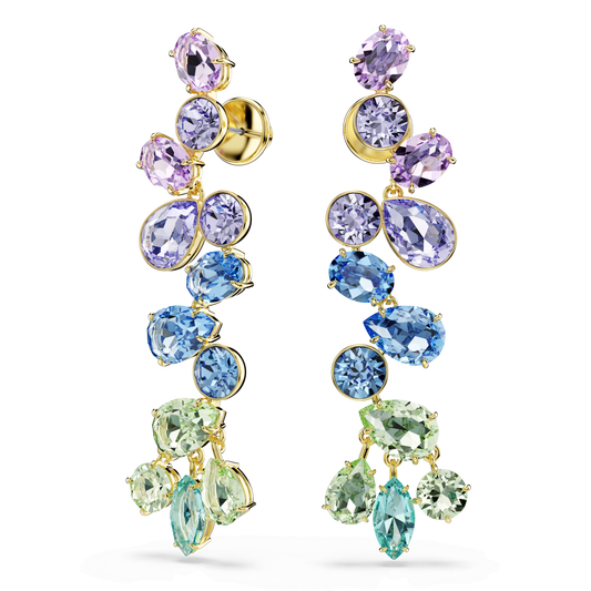 Gema drop earrings, Mixed cuts, Chandelier, Long, Multicolored, 18K gold finish