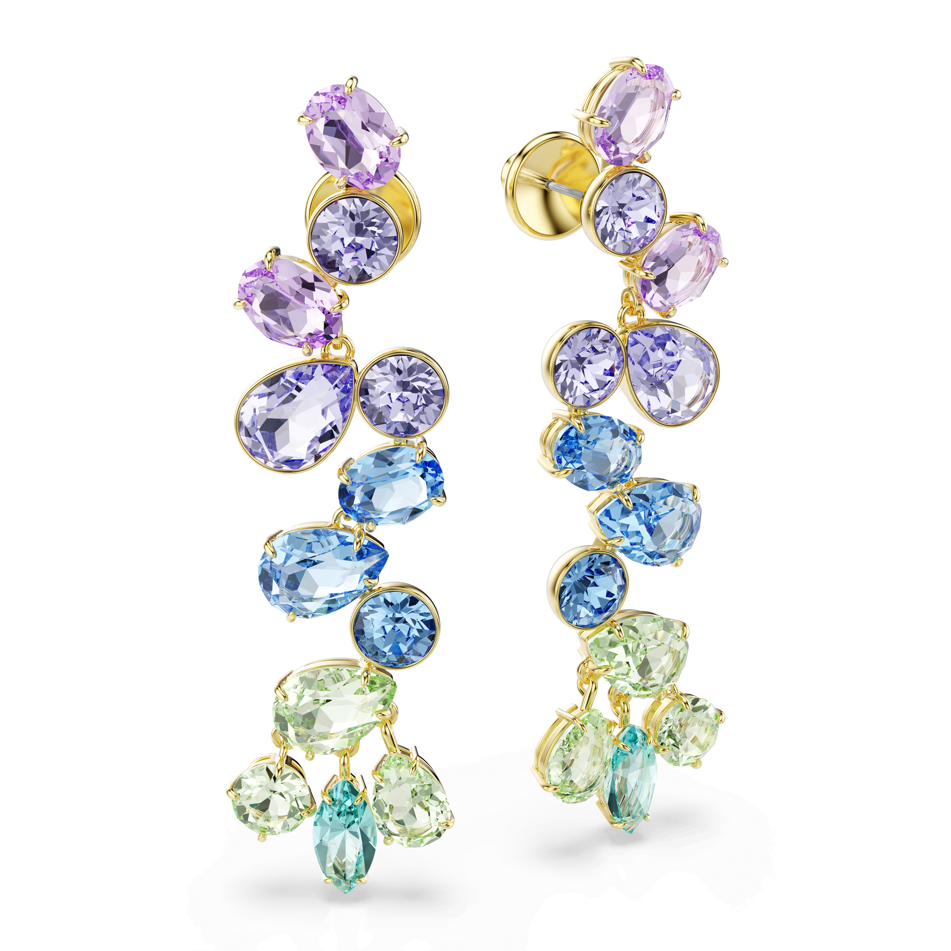 Gema drop earrings, Mixed cuts, Chandelier, Long, Multicolored, 18K gold finish