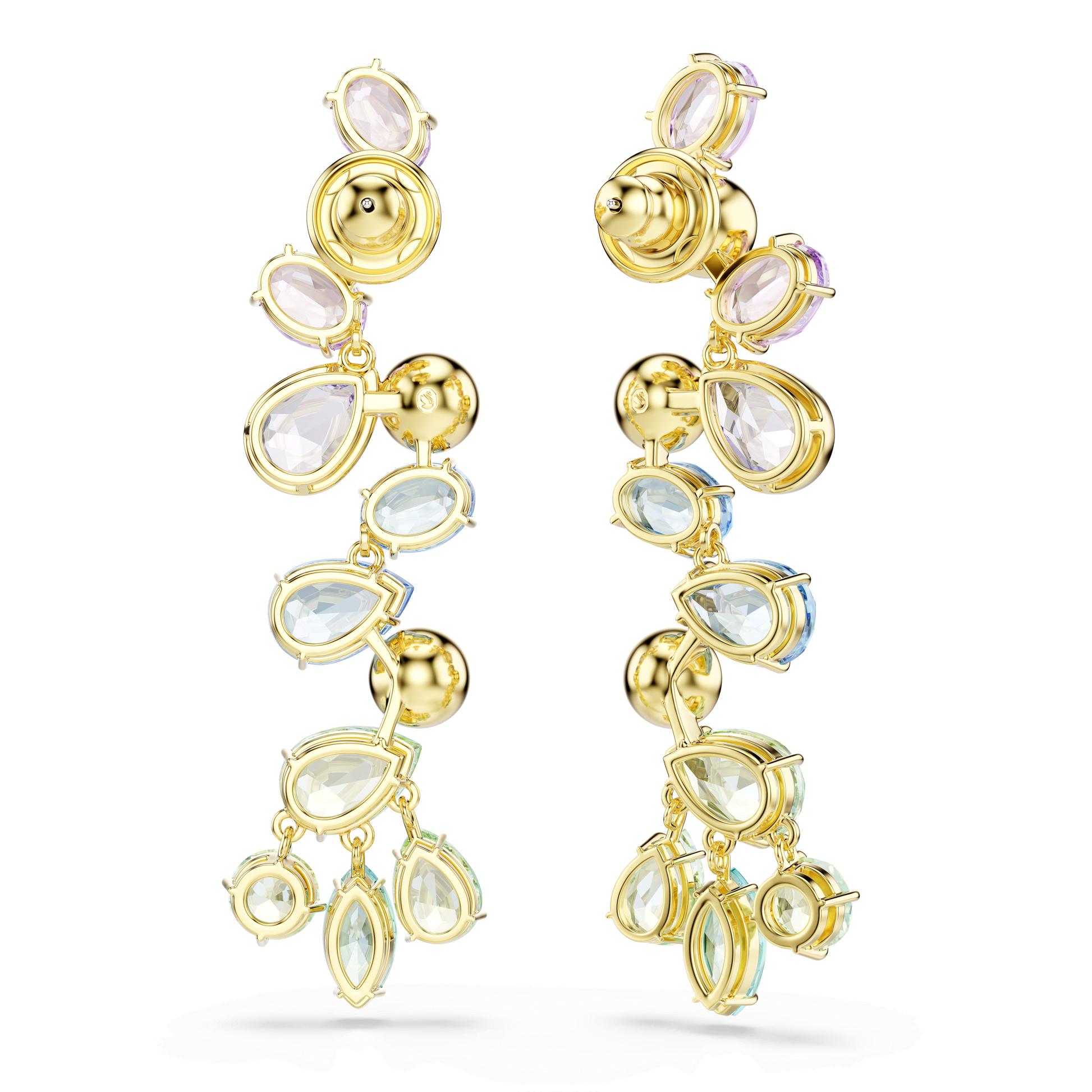 Gema drop earrings, Mixed cuts, Chandelier, Long, Multicolored, 18K gold finish