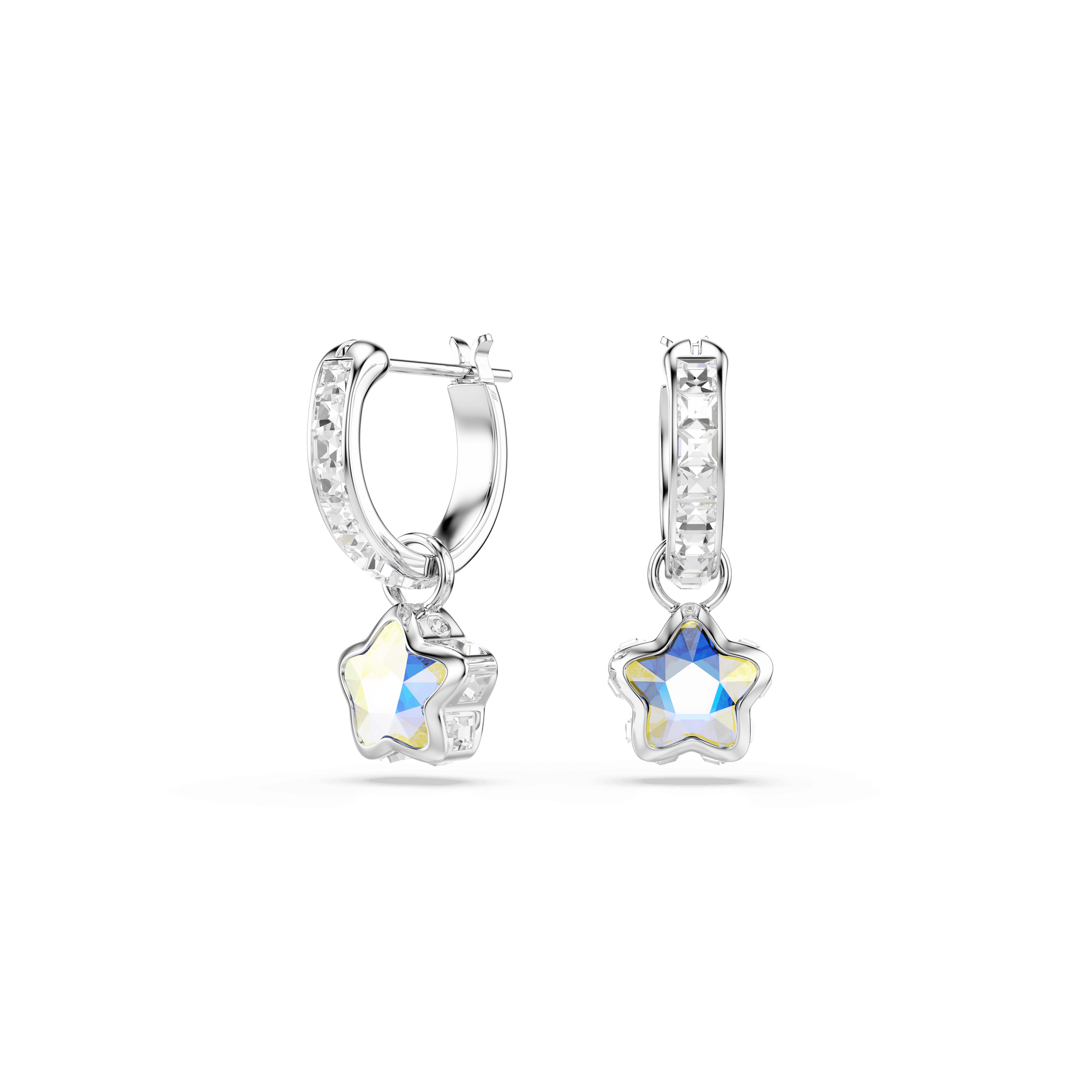 Chroma drop earrings, Mixed cuts, Star, White, Rhodium plated