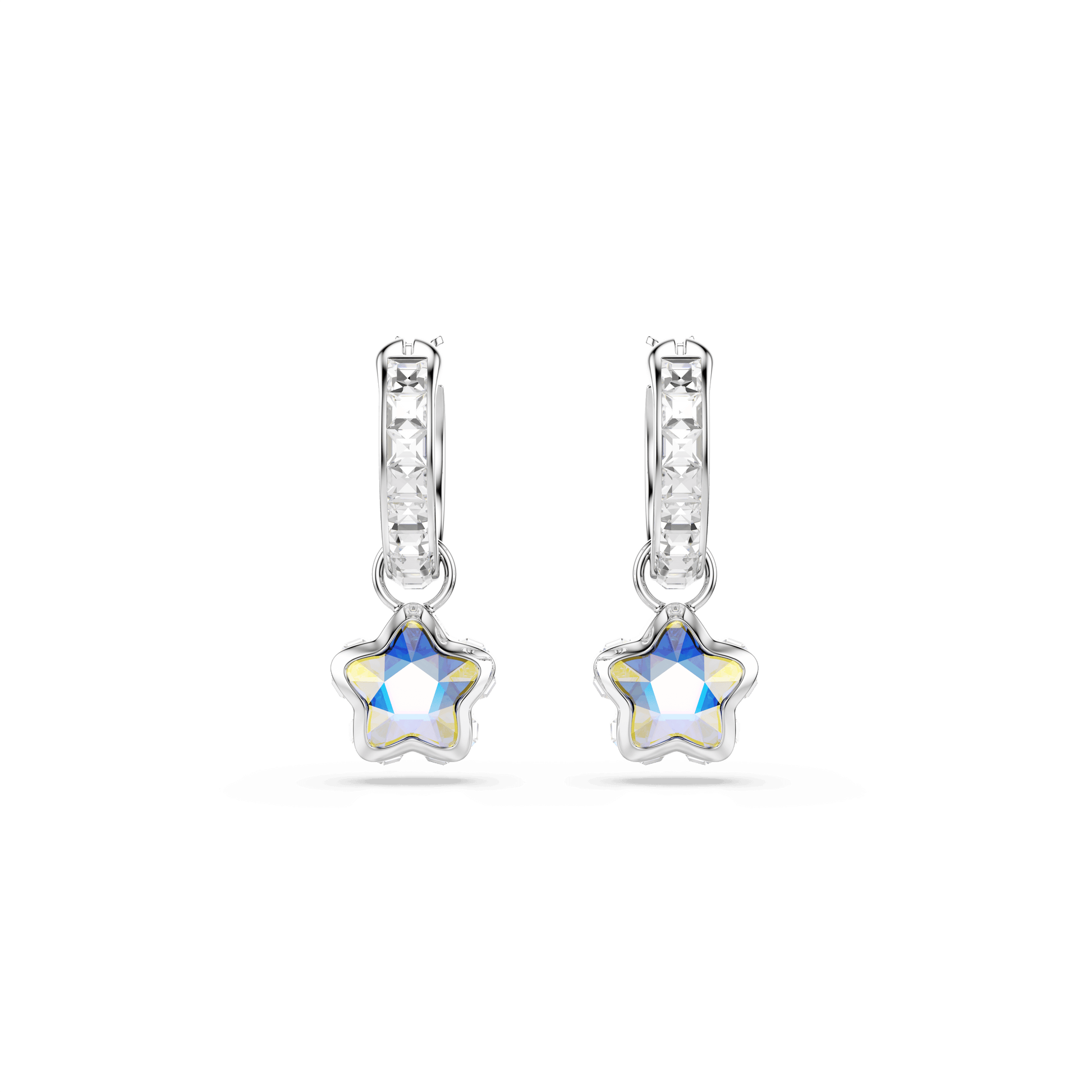 Chroma drop earrings, Mixed cuts, Star, White, Rhodium plated