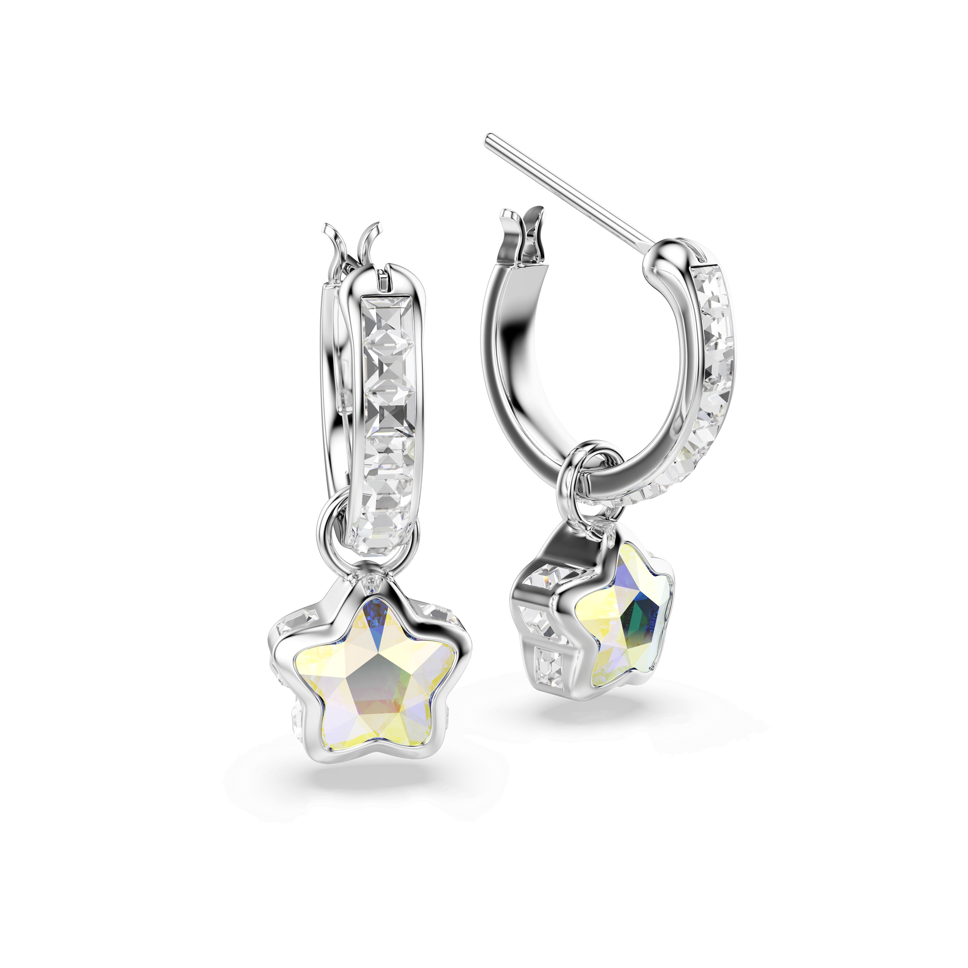 Chroma drop earrings, Mixed cuts, Star, White, Rhodium plated