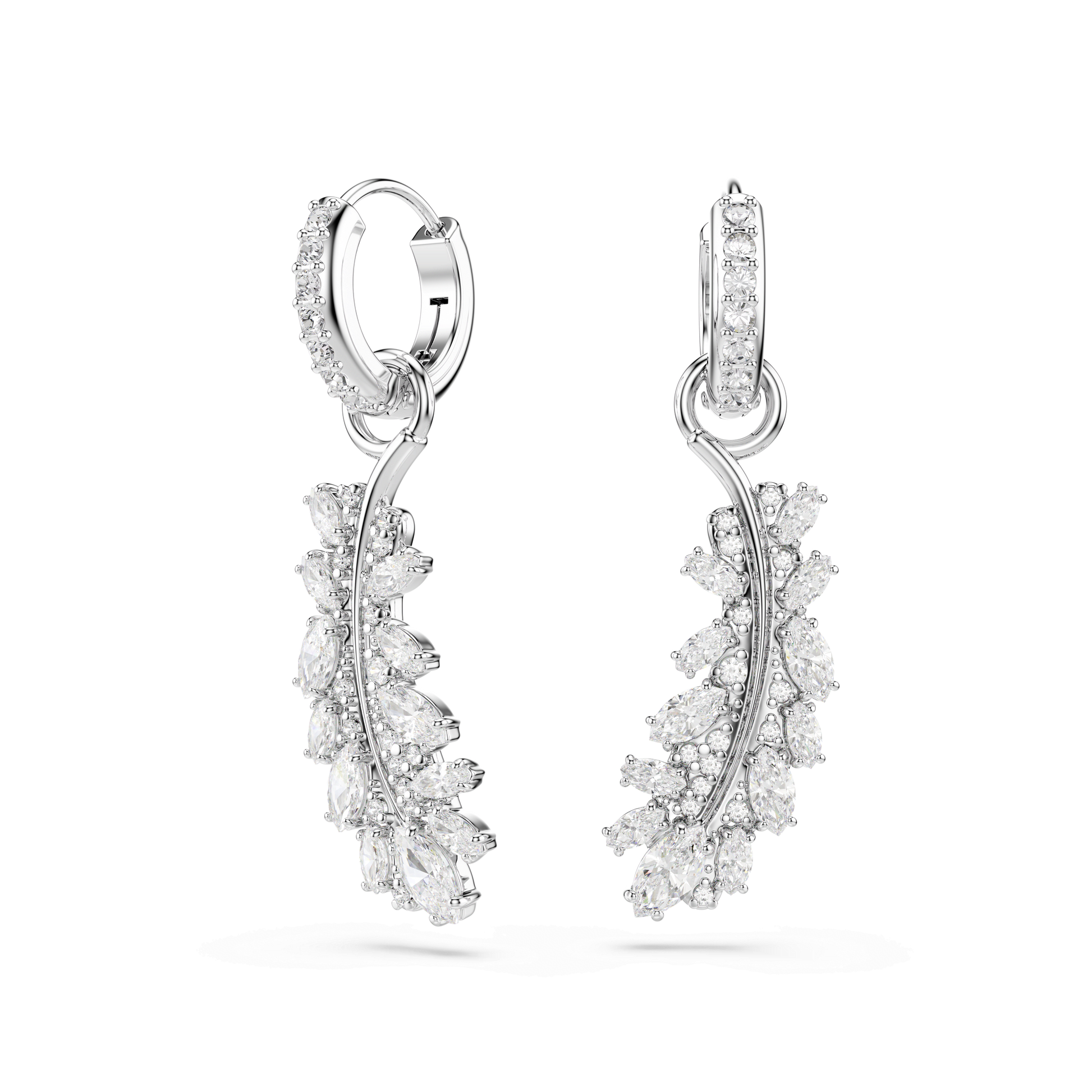 Vienna earrings, Mixed cuts, Feather, White, Rhodium plated