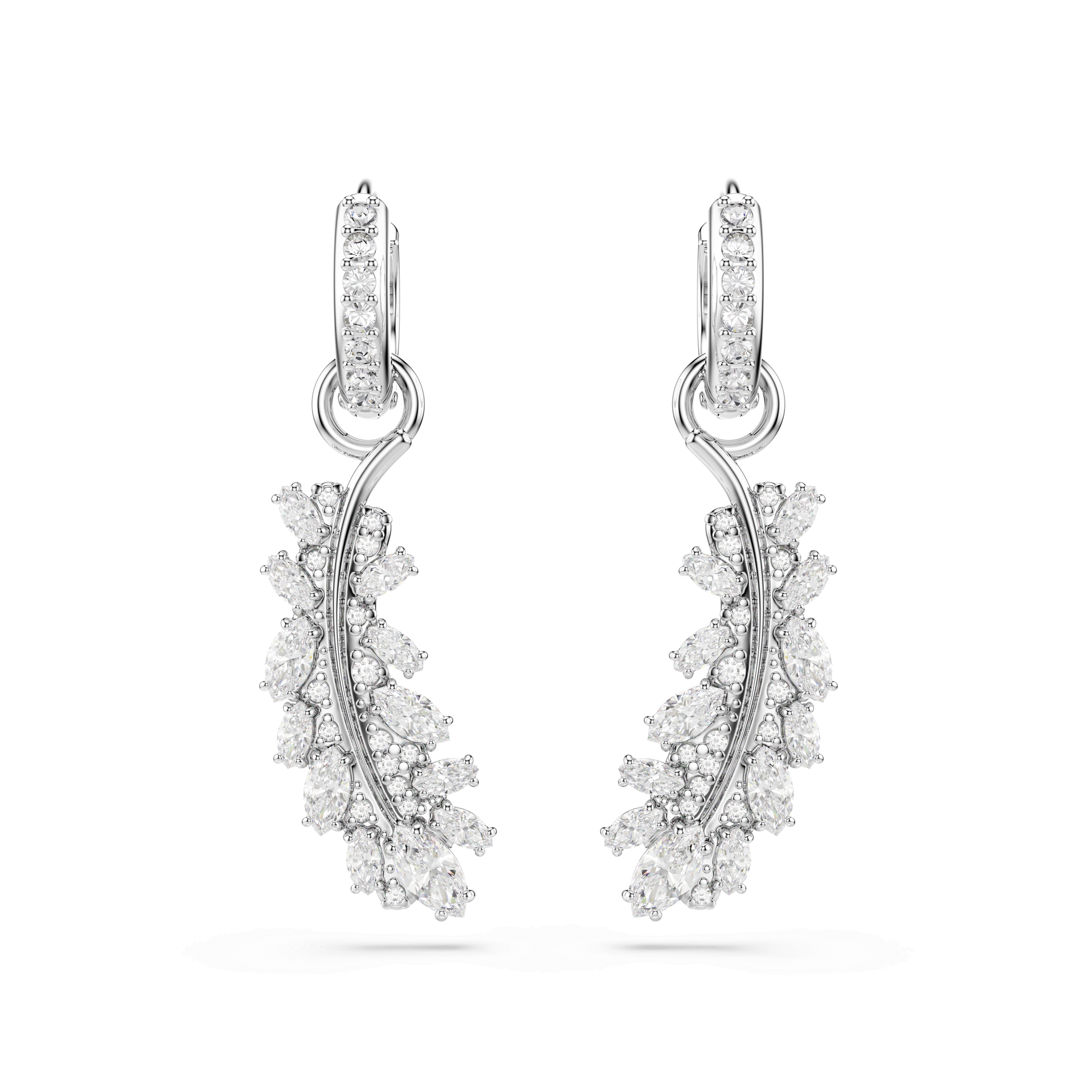 Vienna earrings, Mixed cuts, Feather, White, Rhodium plated