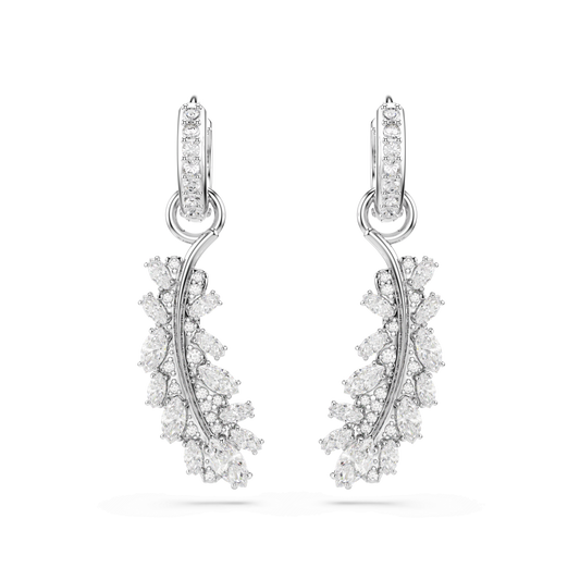Vienna earrings, Mixed cuts, Feather, White, Rhodium plated