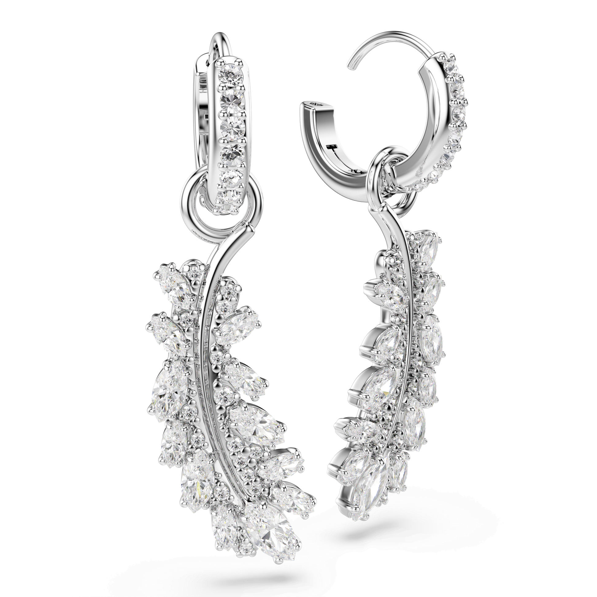 Vienna earrings, Mixed cuts, Feather, White, Rhodium plated