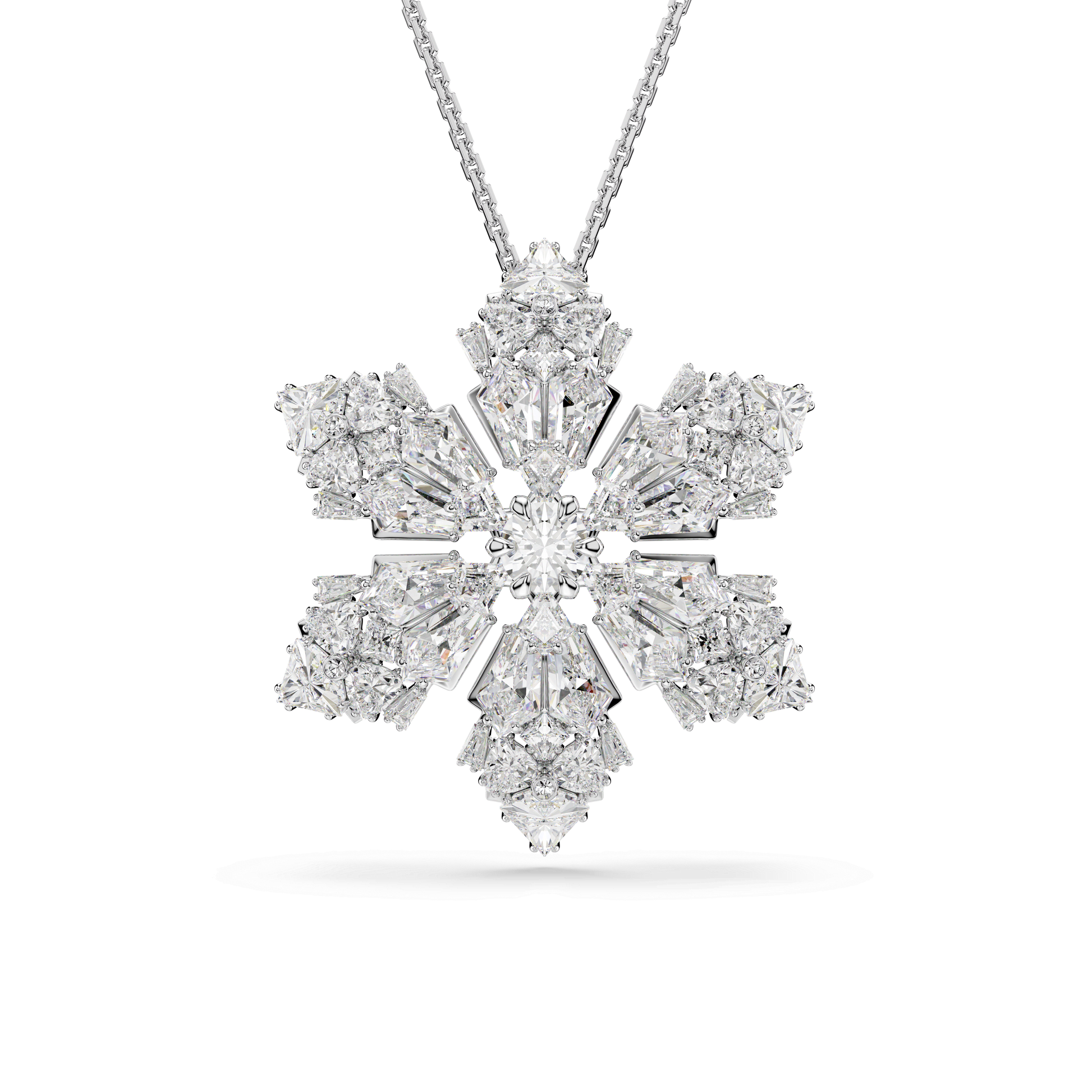 Idyllia pendant and brooch, Mixed cuts, Snowflake, White, Rhodium plated