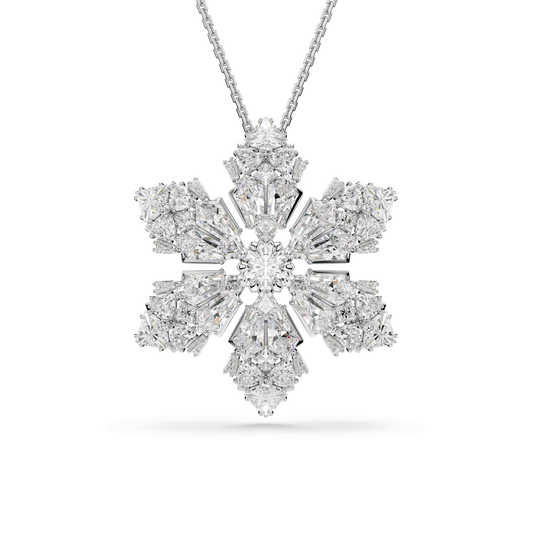 Idyllia pendant and brooch, Mixed cuts, Snowflake, White, Rhodium plated