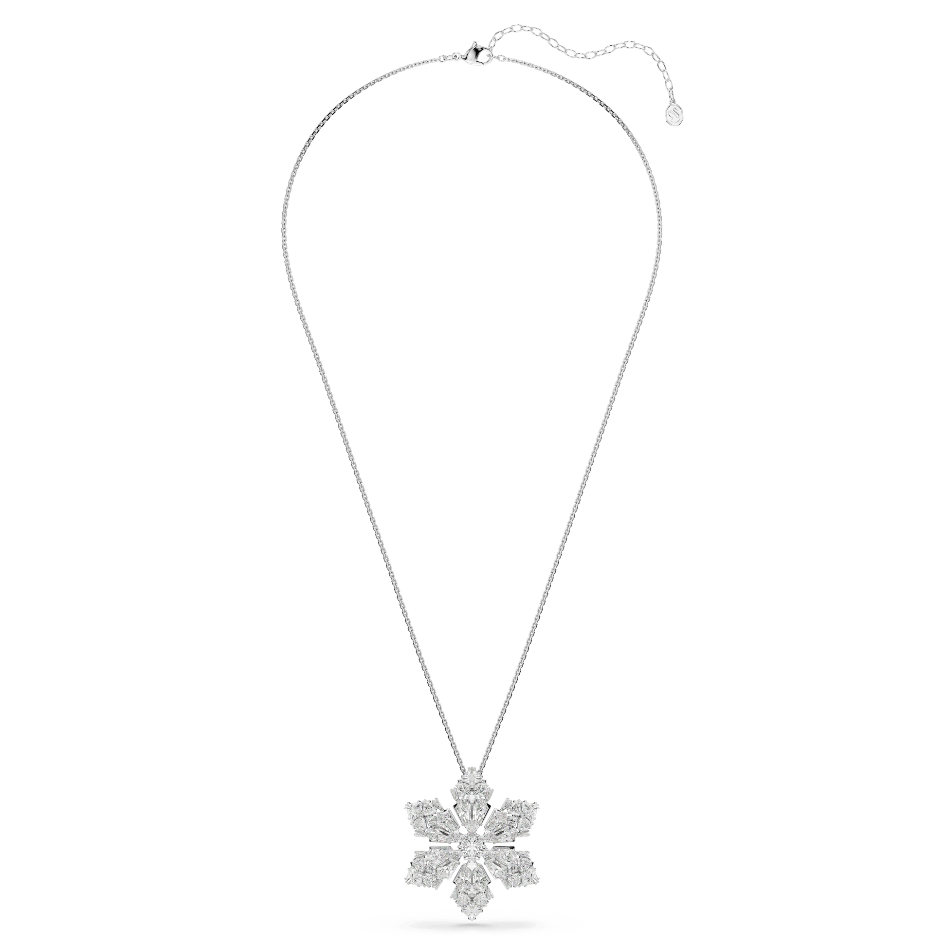 Idyllia pendant and brooch, Mixed cuts, Snowflake, White, Rhodium plated