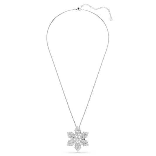 Idyllia pendant and brooch, Mixed cuts, Snowflake, White, Rhodium plated