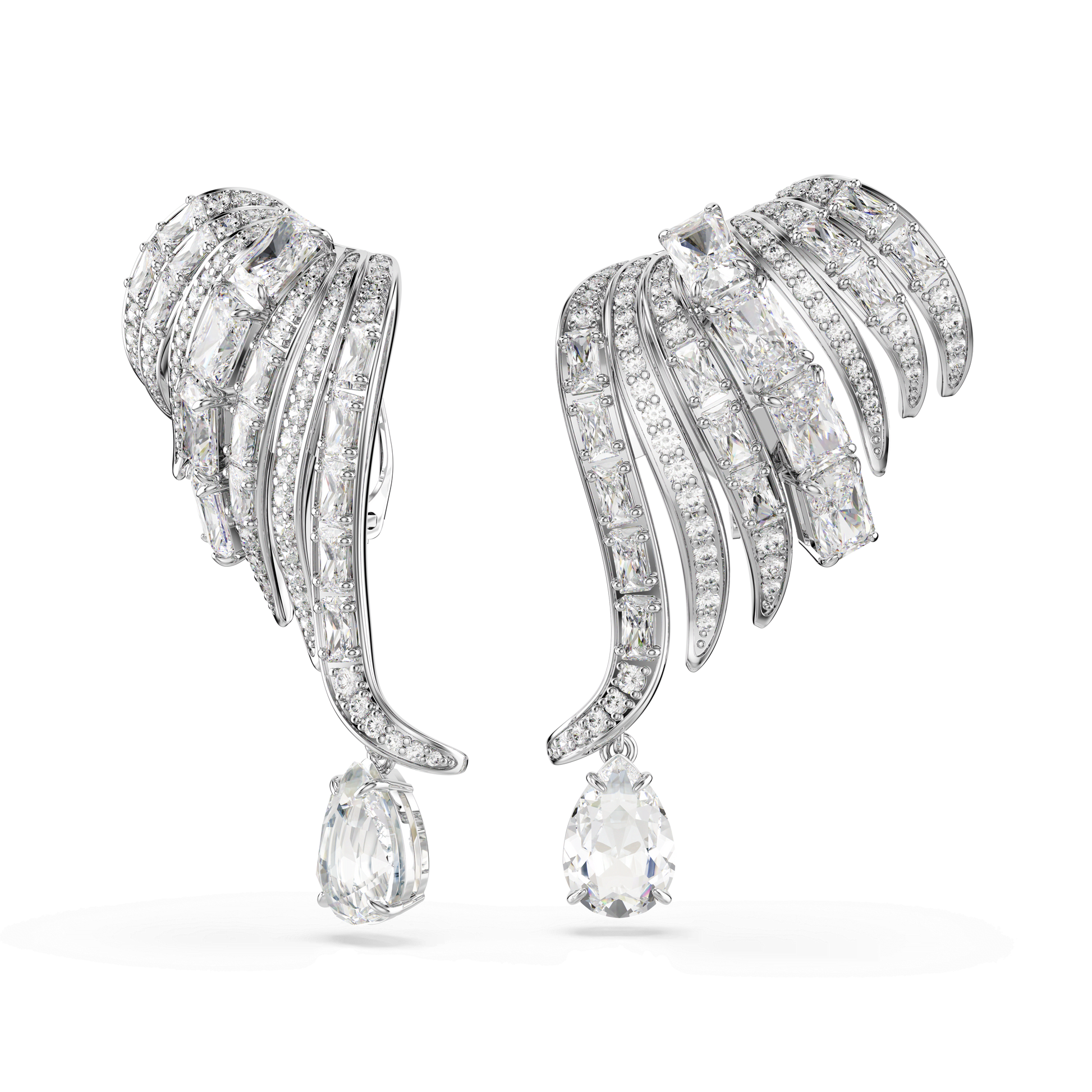 Vienna clip earrings, Mixed cuts, Swan, White, Rhodium plated