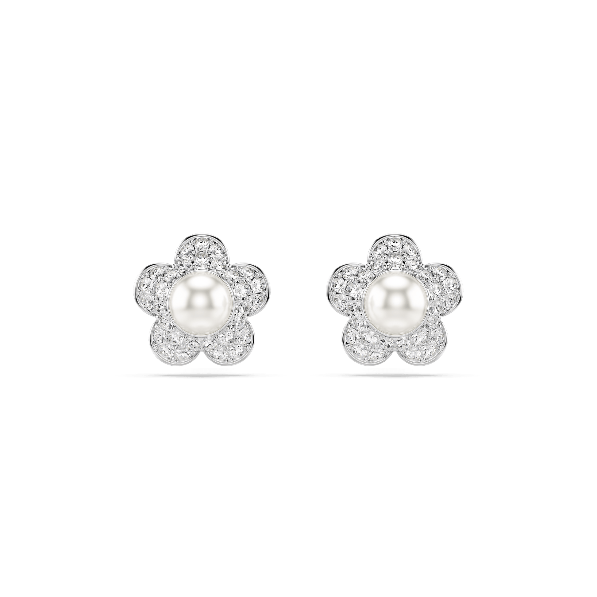 Ariana Grande x Swarovski stud earrings, Crystal Pearl, Round cut, Flower, White, Rhodium plated