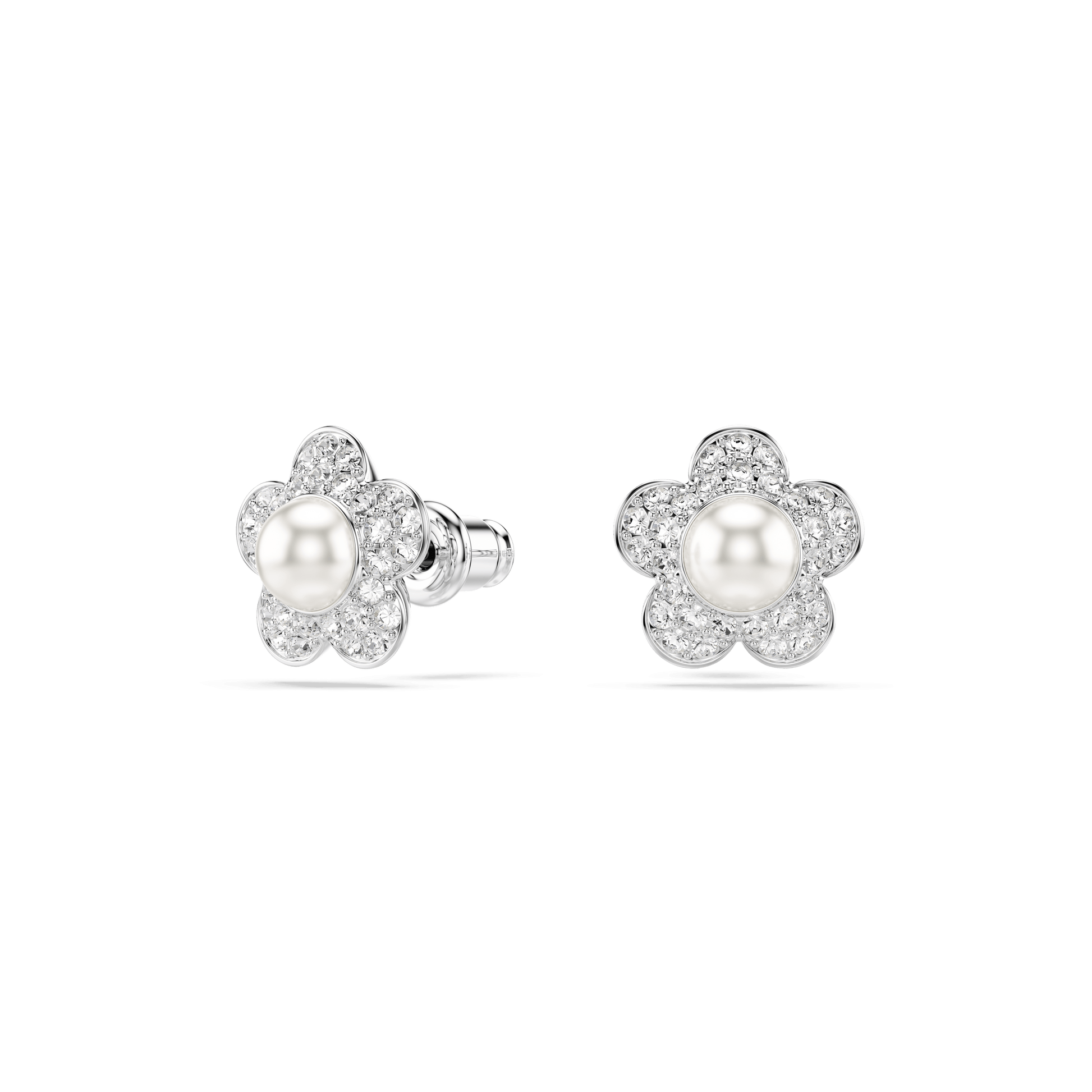 Ariana Grande x Swarovski stud earrings, Crystal Pearl, Round cut, Flower, White, Rhodium plated