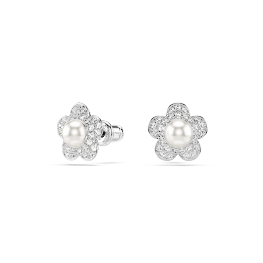 Ariana Grande x Swarovski stud earrings, Crystal Pearl, Round cut, Flower, White, Rhodium plated
