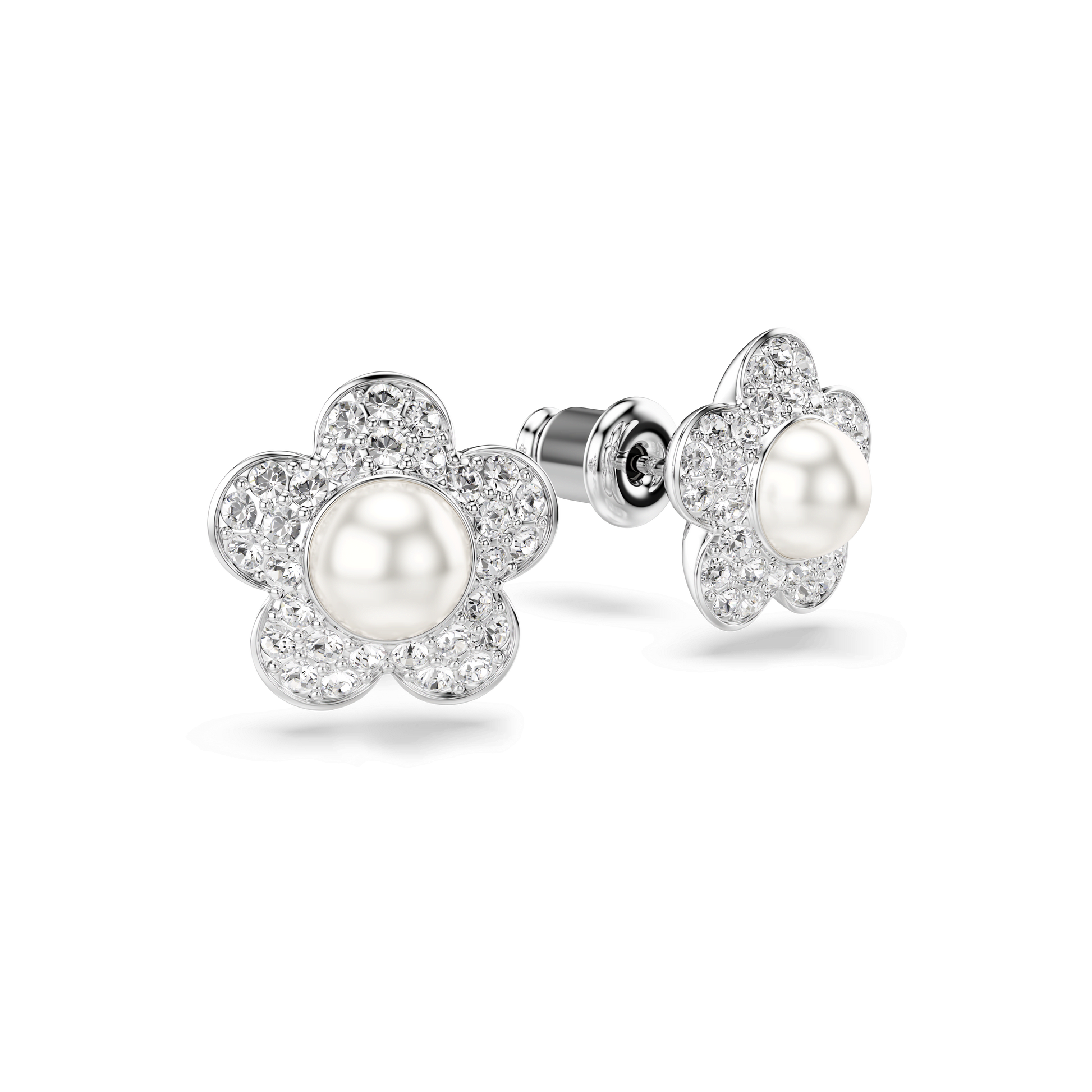 Ariana Grande x Swarovski stud earrings, Crystal Pearl, Round cut, Flower, White, Rhodium plated