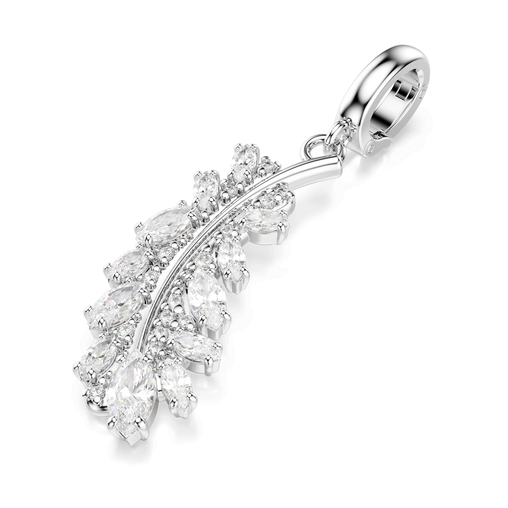 Vienna charm, Mixed cuts, Feather, White, Rhodium plated