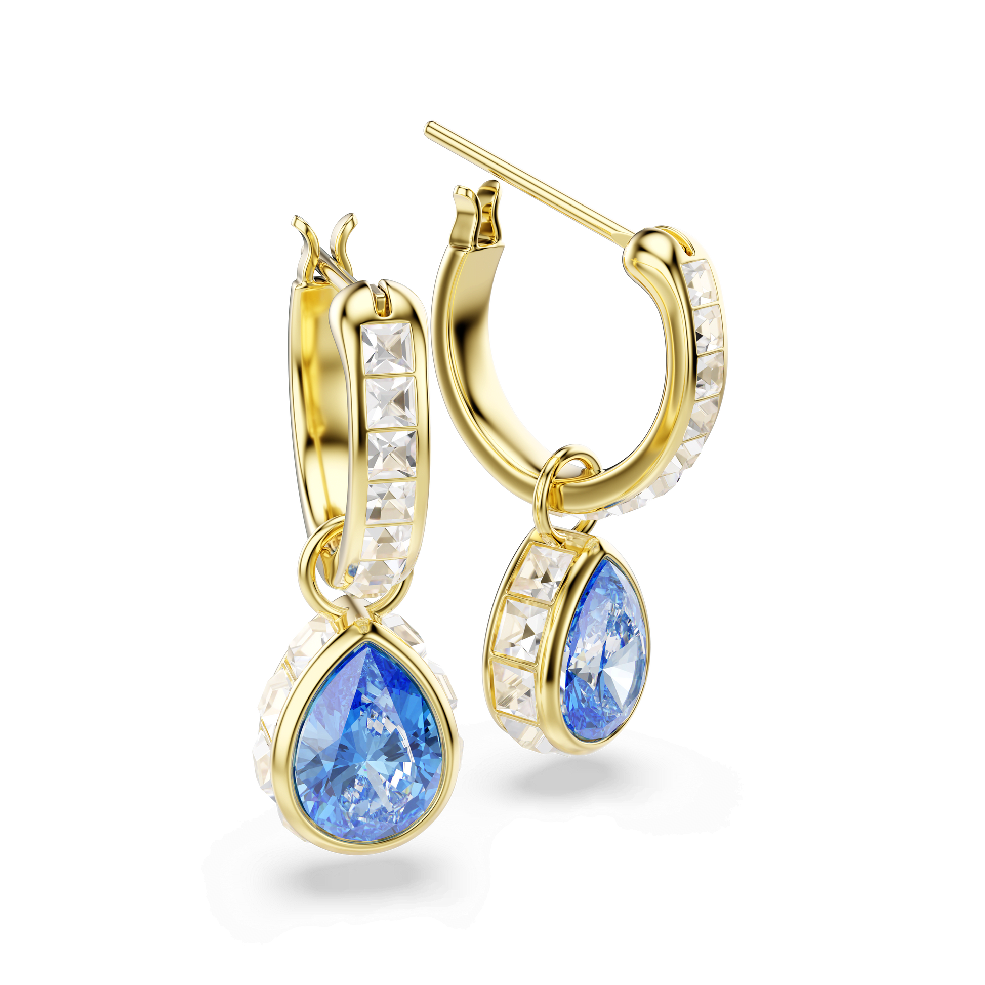 Chroma drop earrings, Pear cut, Blue, 18K gold finish