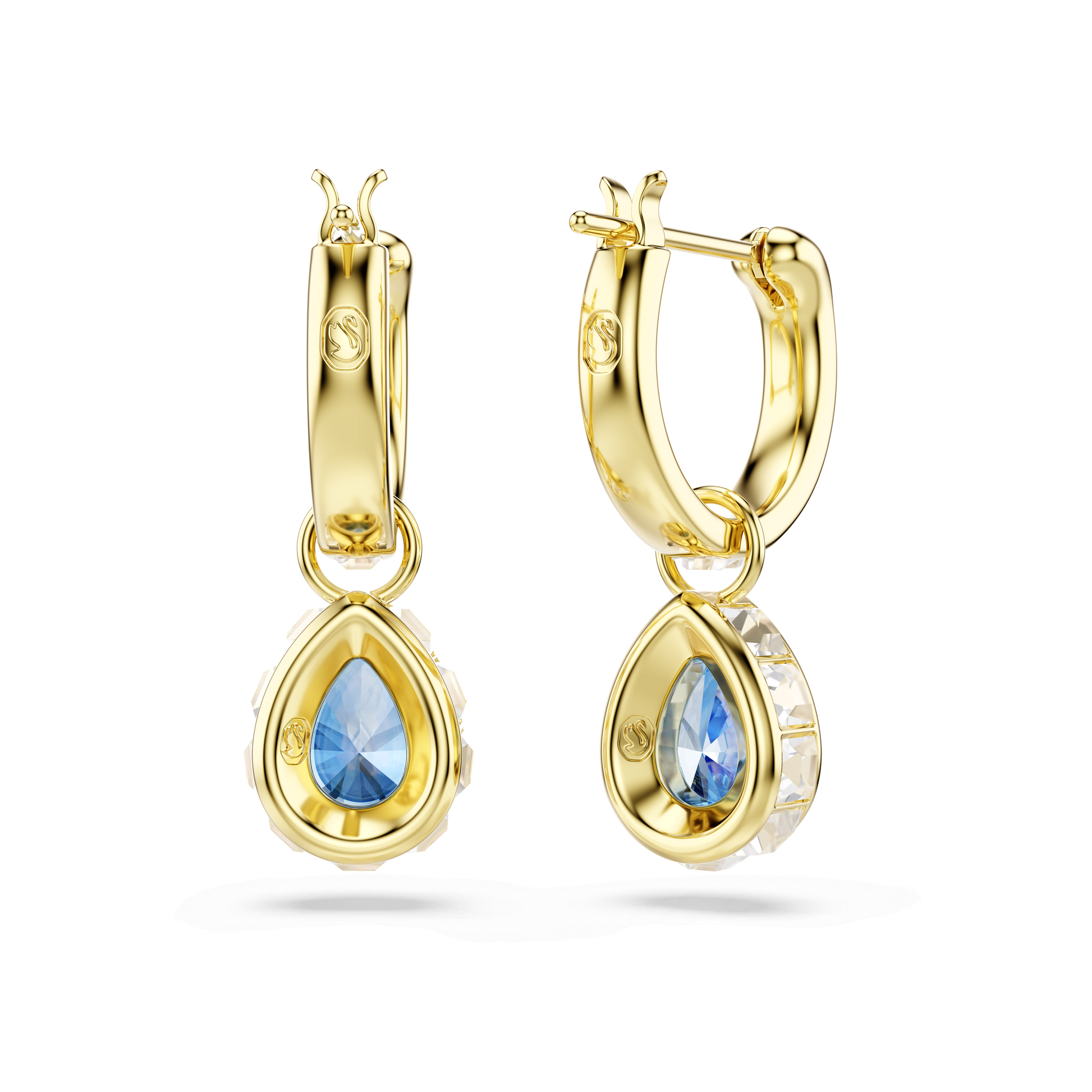 Chroma drop earrings, Pear cut, Blue, 18K gold finish