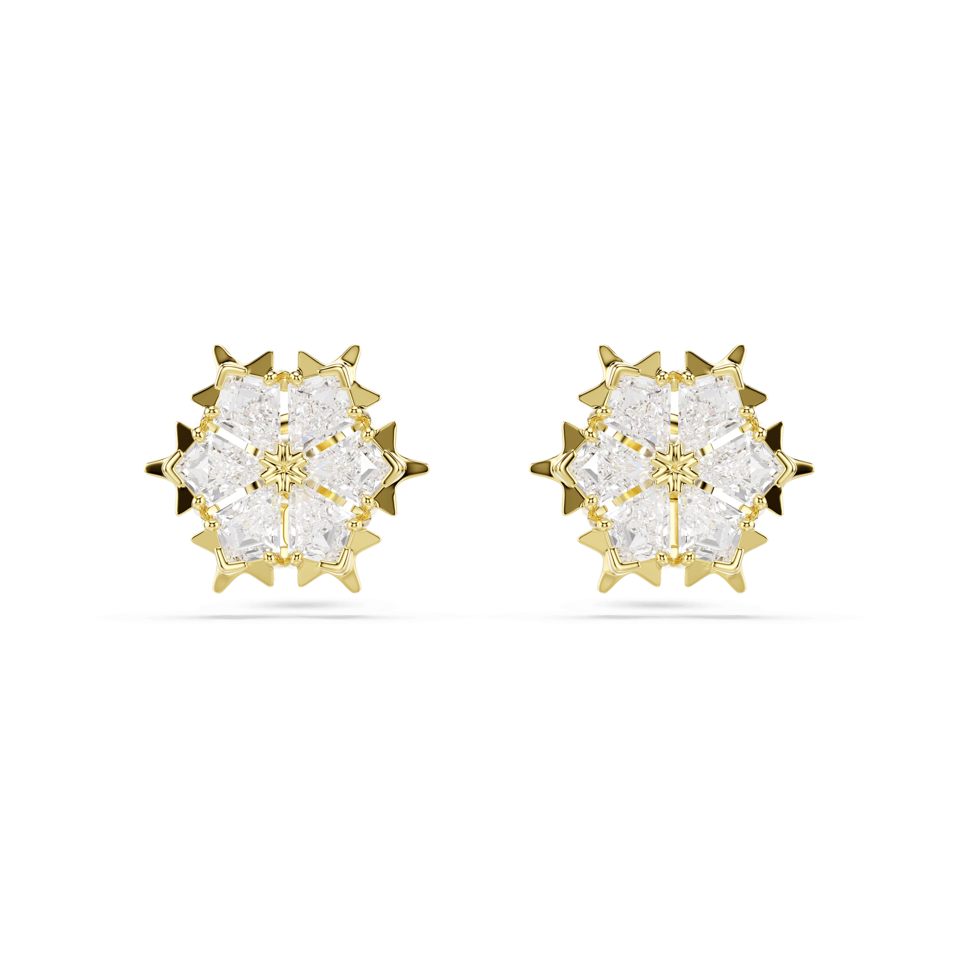 Magic stud earrings, Mixed cuts, Snowflake, White, 18K gold finish
