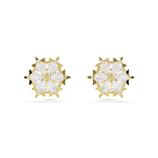 Magic stud earrings, Mixed cuts, Snowflake, White, 18K gold finish