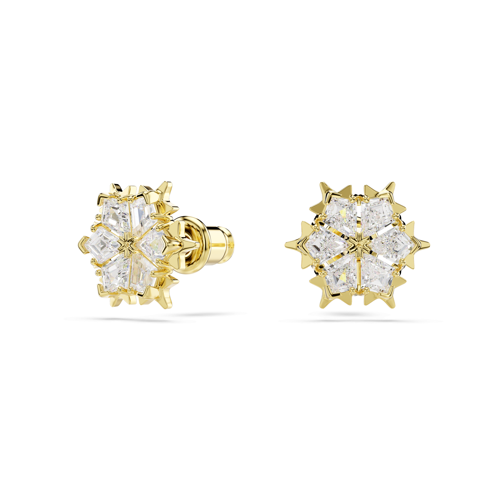 Magic stud earrings, Mixed cuts, Snowflake, White, 18K gold finish