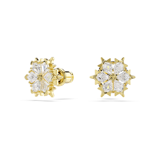 Magic stud earrings, Mixed cuts, Snowflake, White, 18K gold finish