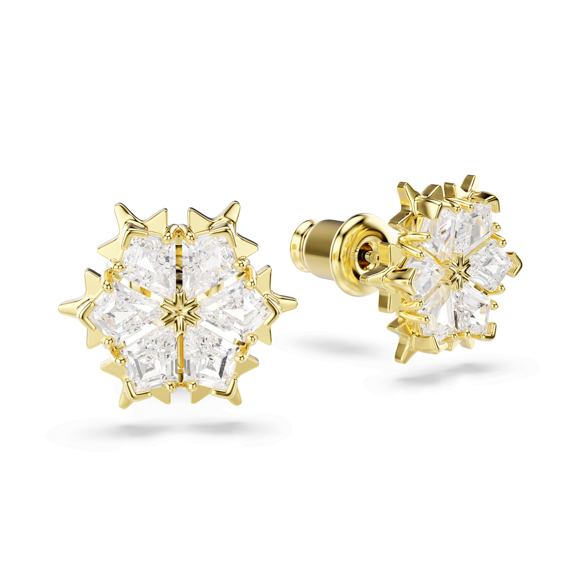 Magic stud earrings, Mixed cuts, Snowflake, White, 18K gold finish