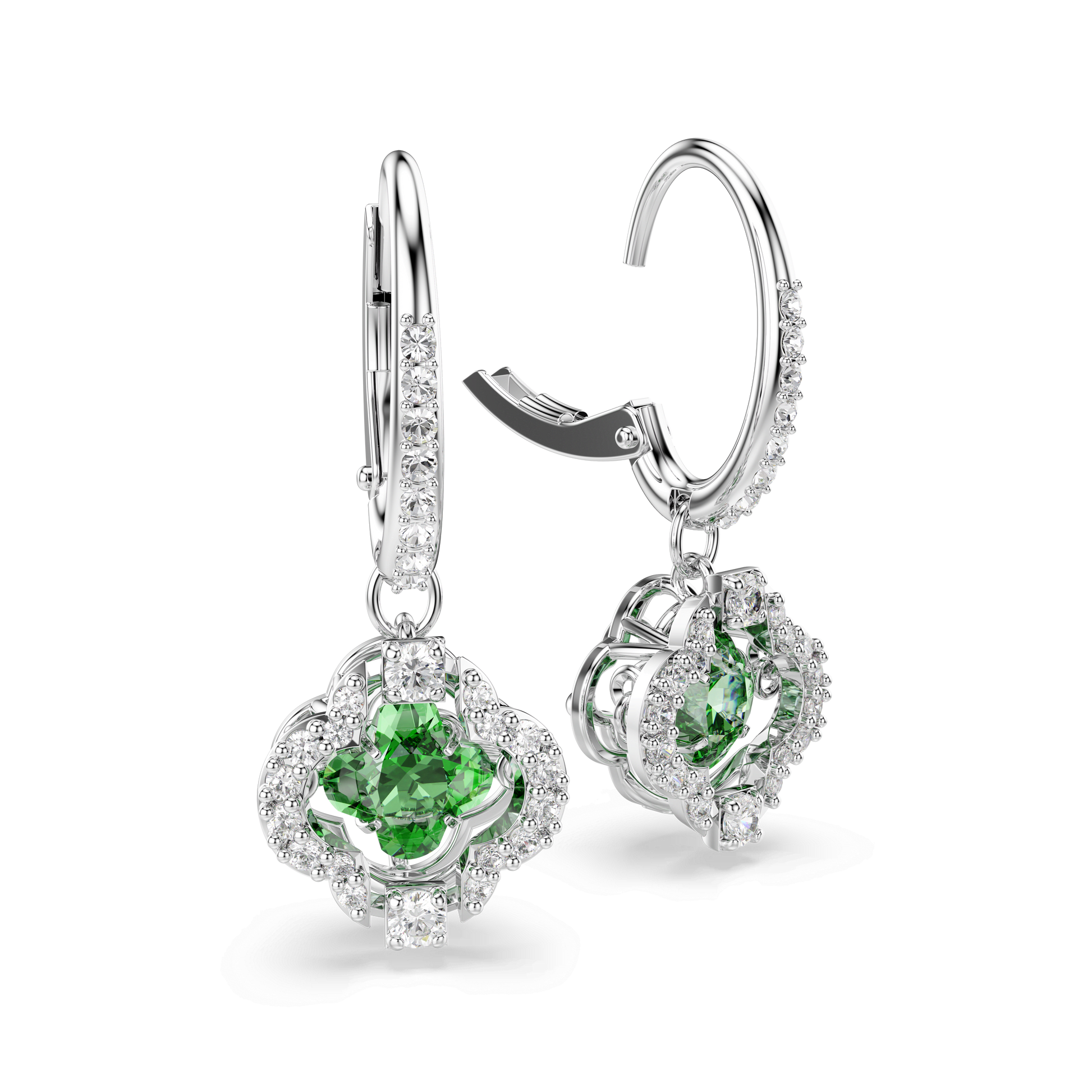 Una Angelic drop earrings, Mixed cuts, Green, Rhodium plated