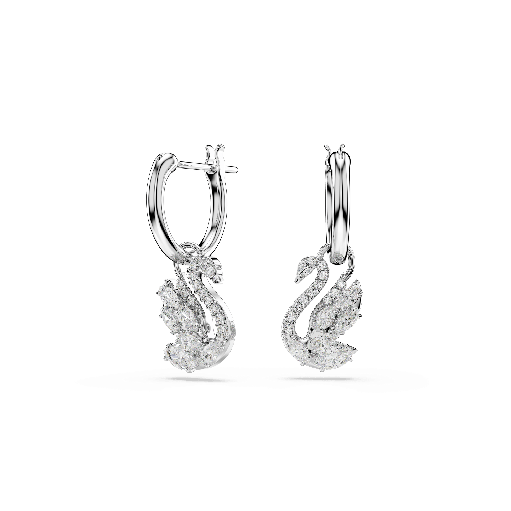 Swan drop earrings, Mixed cuts, Swan, White, Rhodium plated