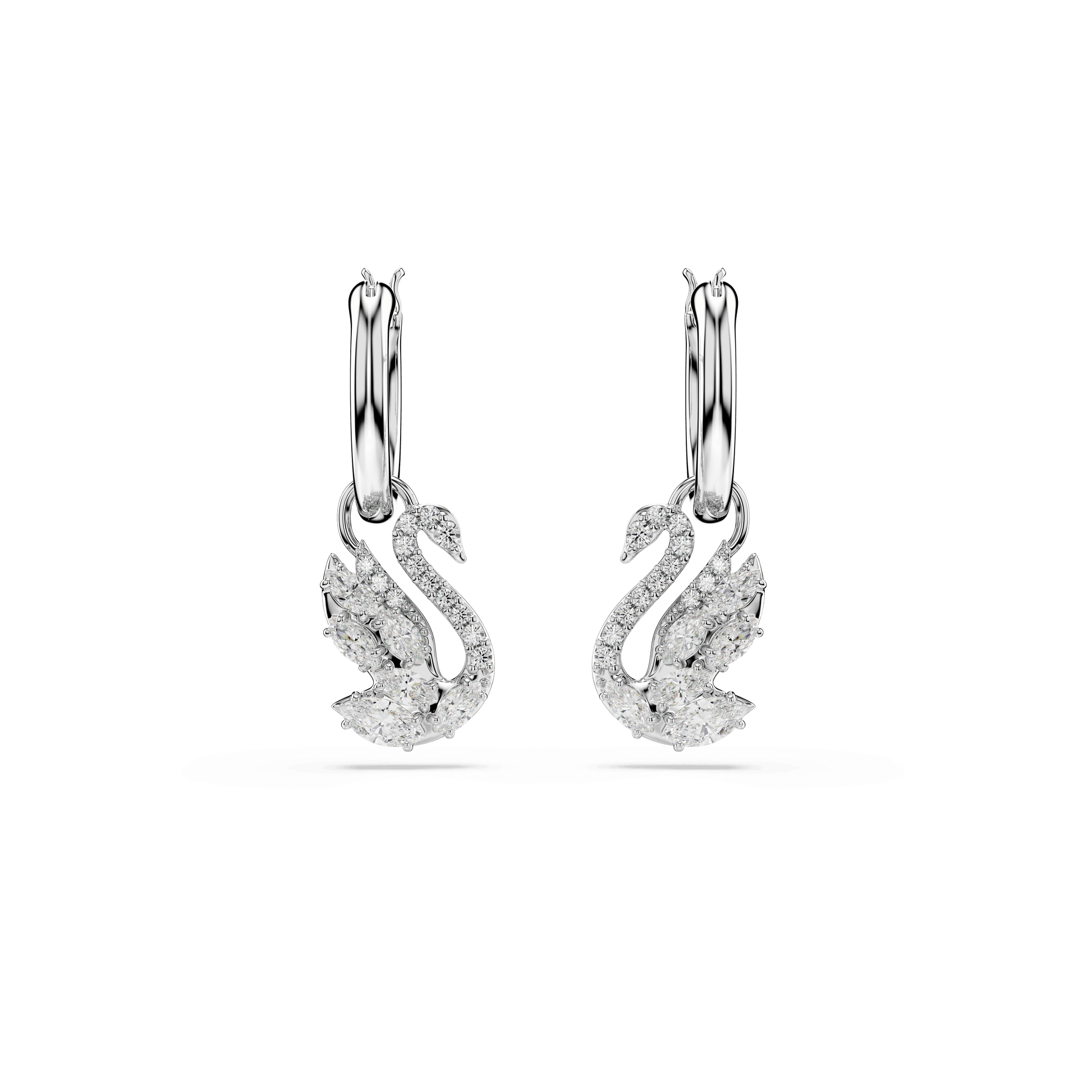 Swan drop earrings, Mixed cuts, Swan, White, Rhodium plated