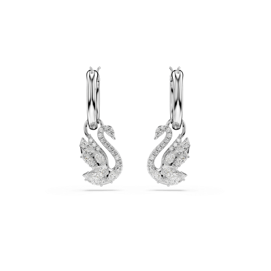 Swan drop earrings, Mixed cuts, Swan, White, Rhodium plated