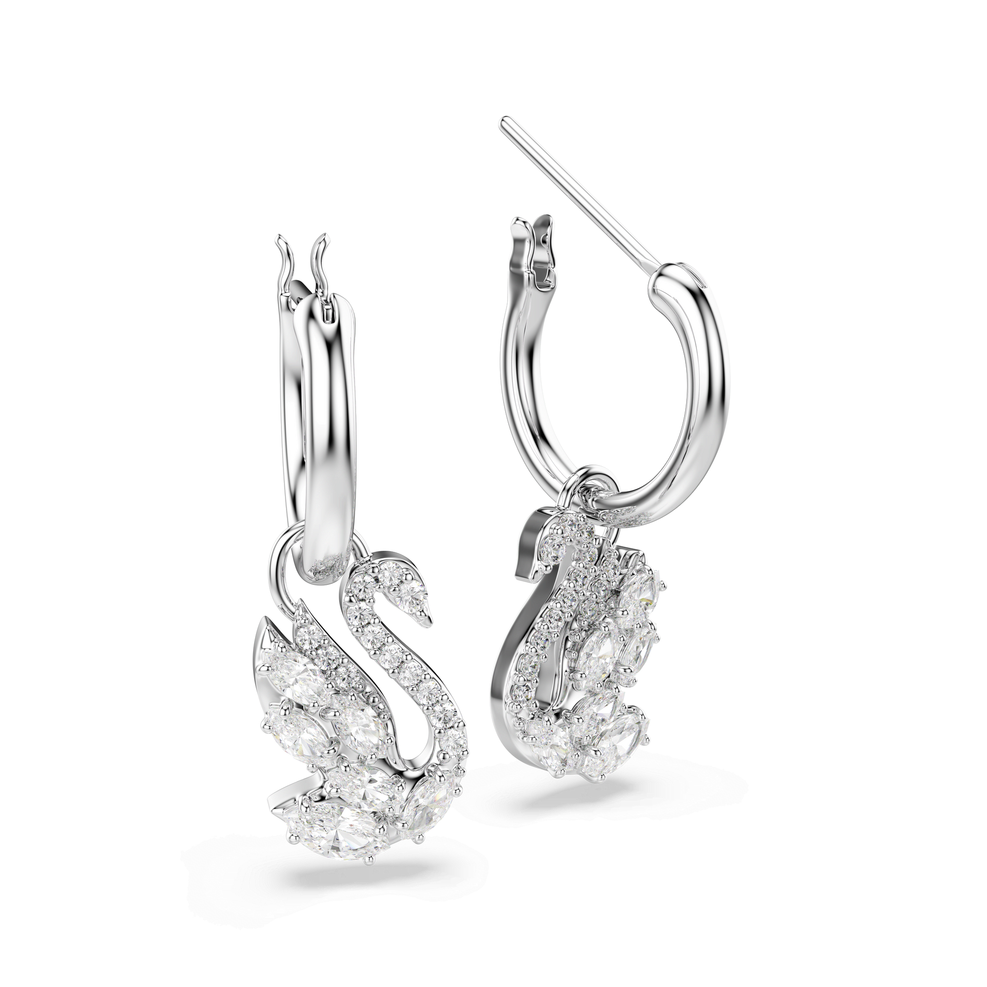 Swan drop earrings, Mixed cuts, Swan, White, Rhodium plated