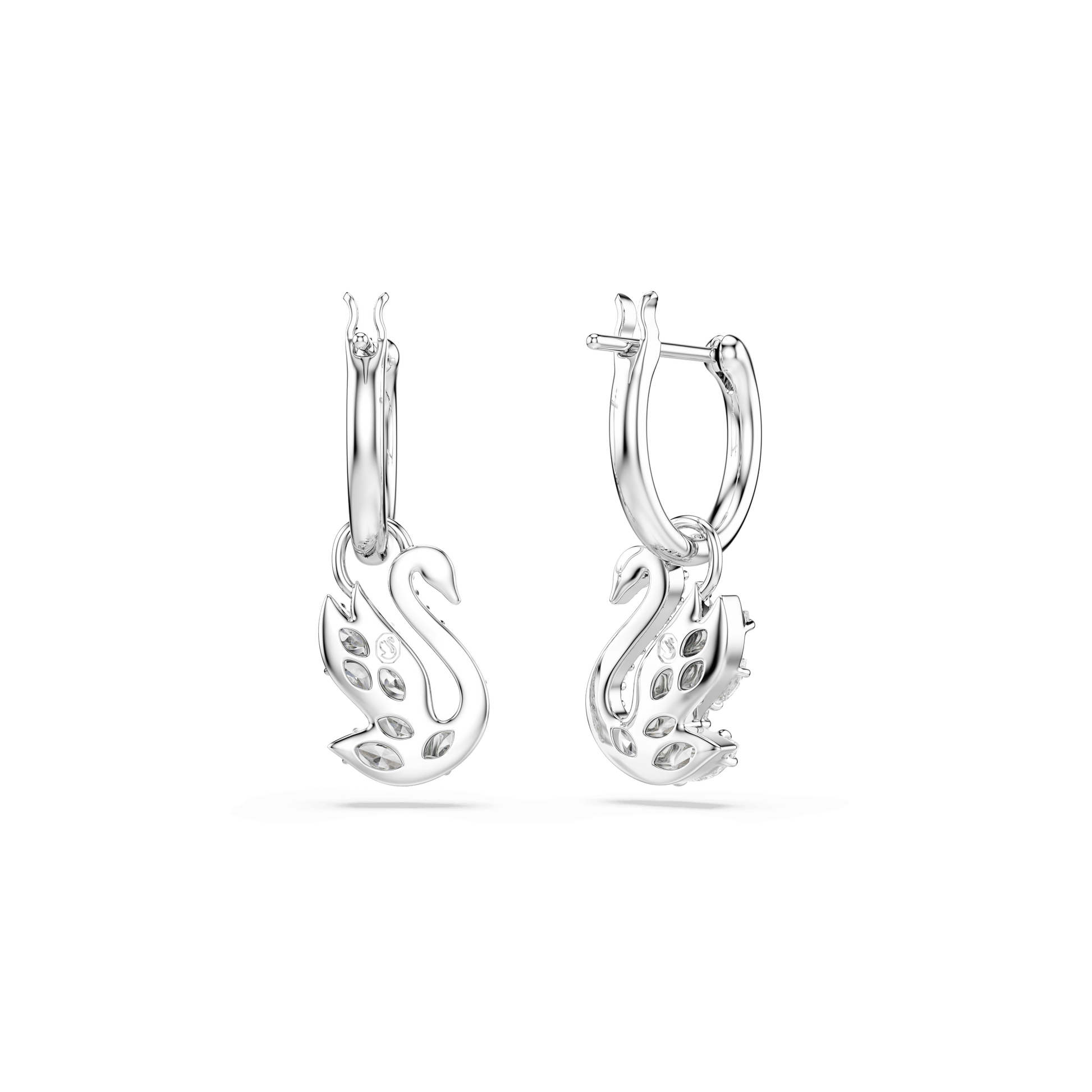 Swan drop earrings, Mixed cuts, Swan, White, Rhodium plated