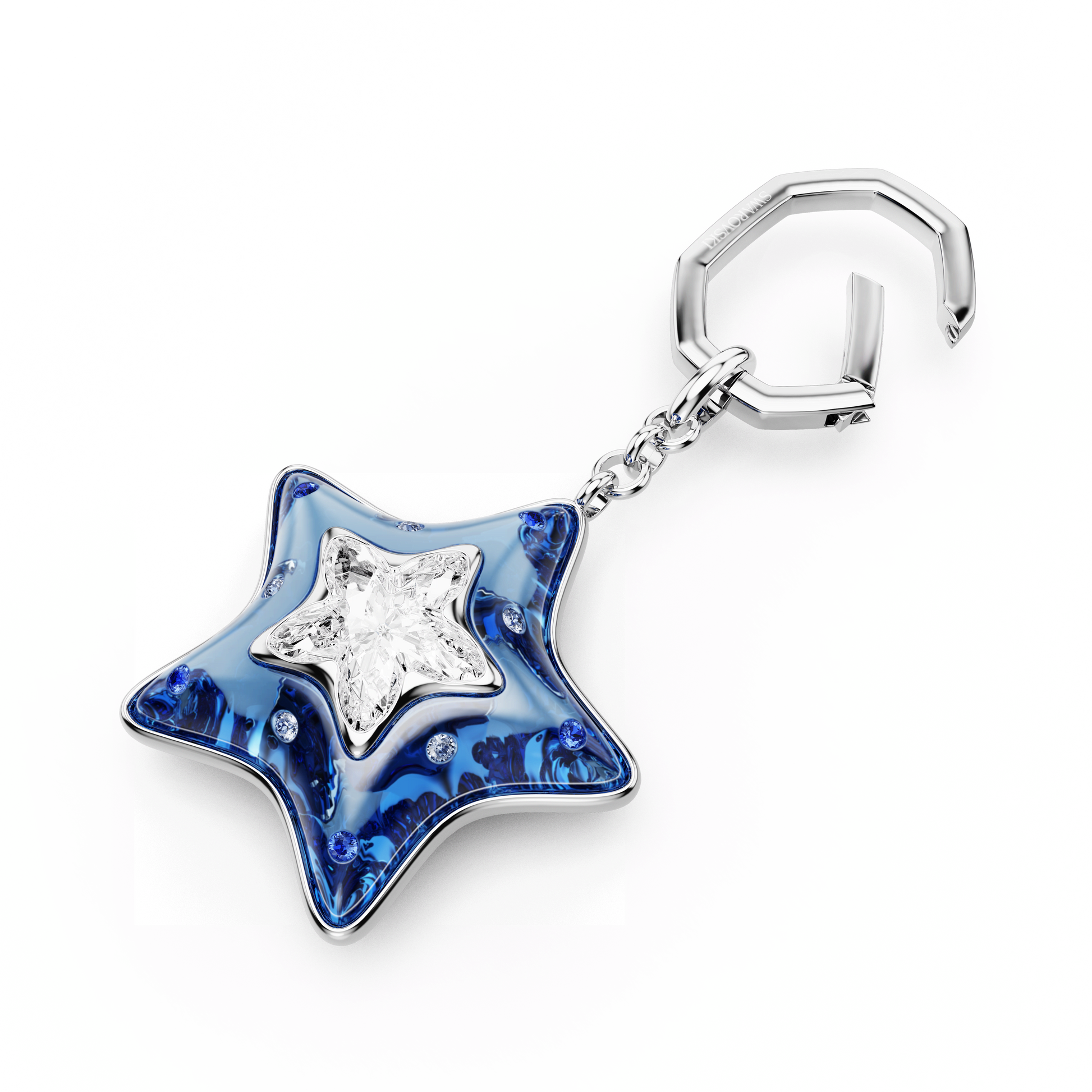 Bag charm, Mixed cuts, Star, Blue, Rhodium plated