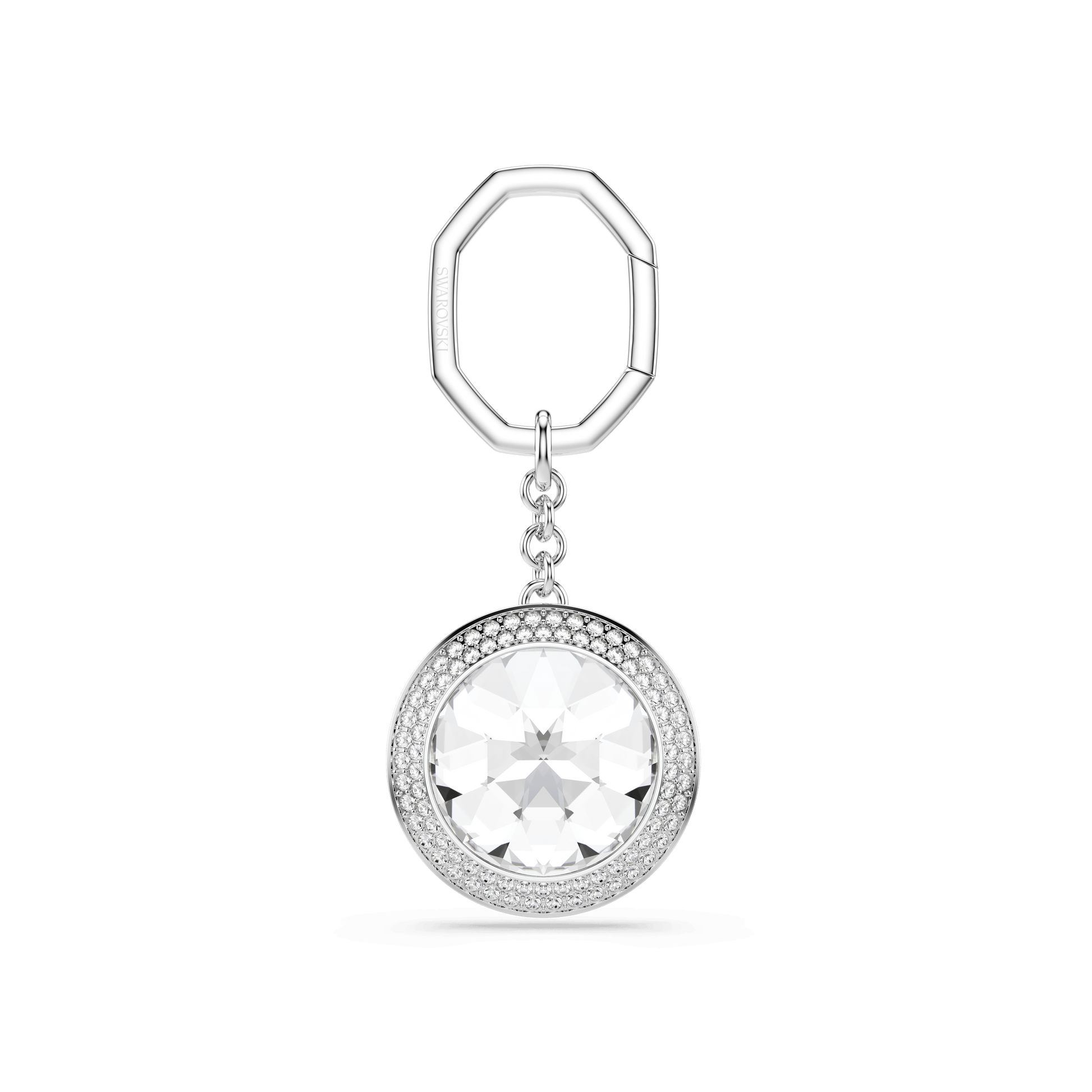 Bag charm, Round cut, White, Rhodium plated