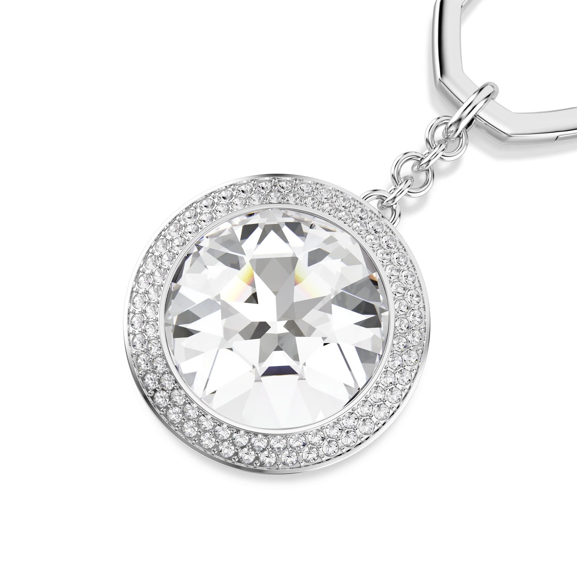 Bag charm, Round cut, White, Rhodium plated