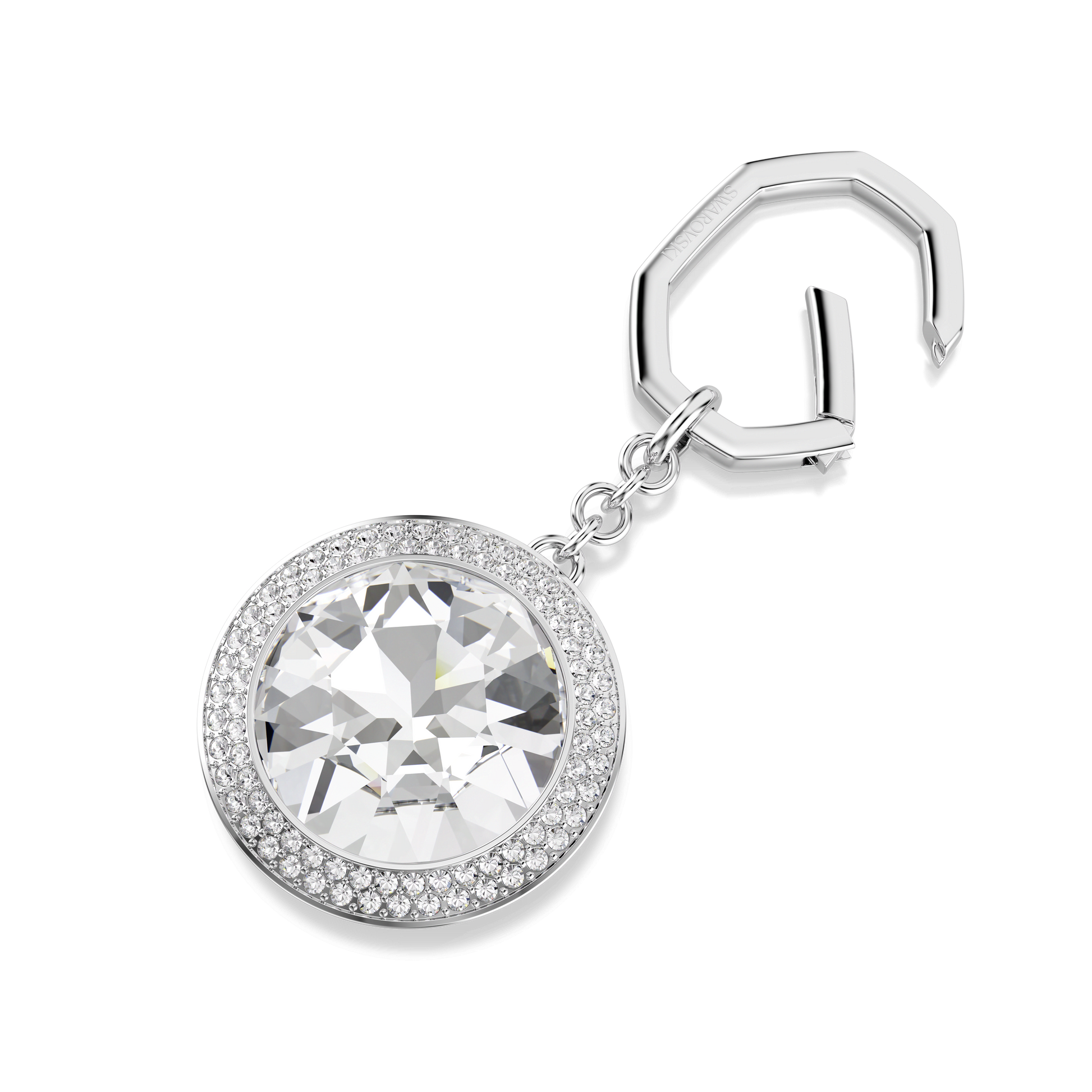 Bag charm, Round cut, White, Rhodium plated