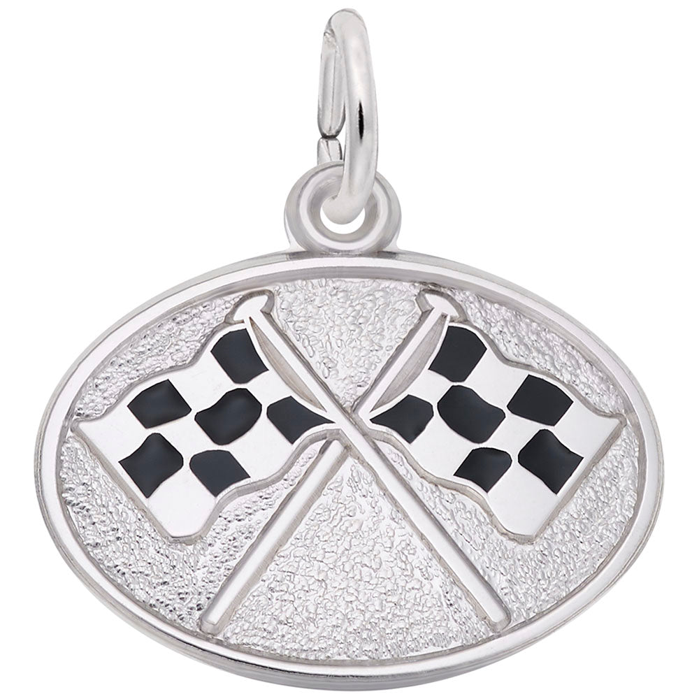 Racing Flags Oval Disc Charm - Unique Automotive Jewelry Gift 8328