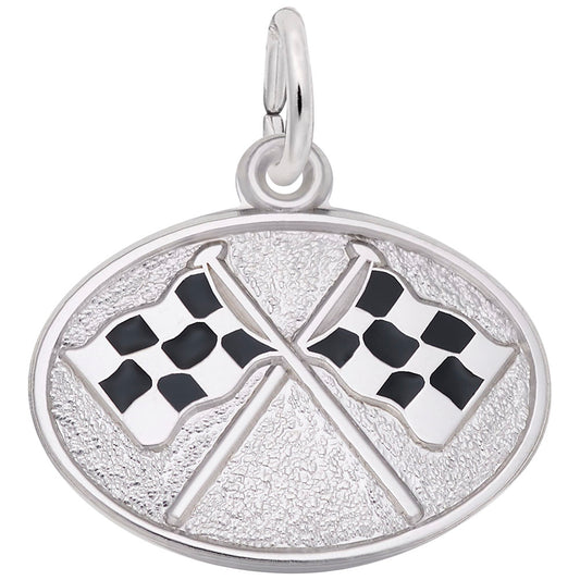 Racing Flags Oval Disc Charm - Unique Automotive Jewelry Gift 8328