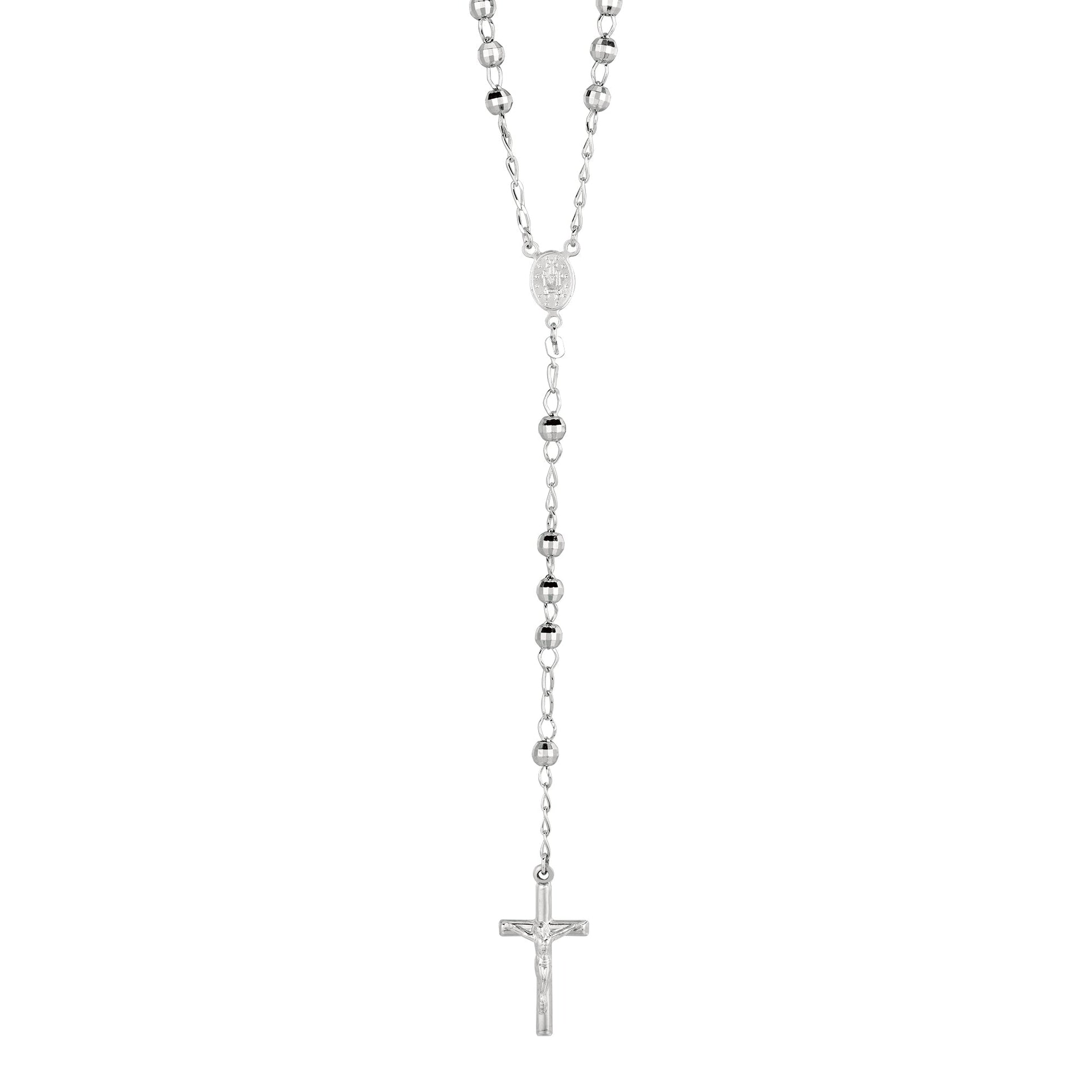Royal Chain Silver Diamond Cut Large Bead Rosary Necklace AGW945
