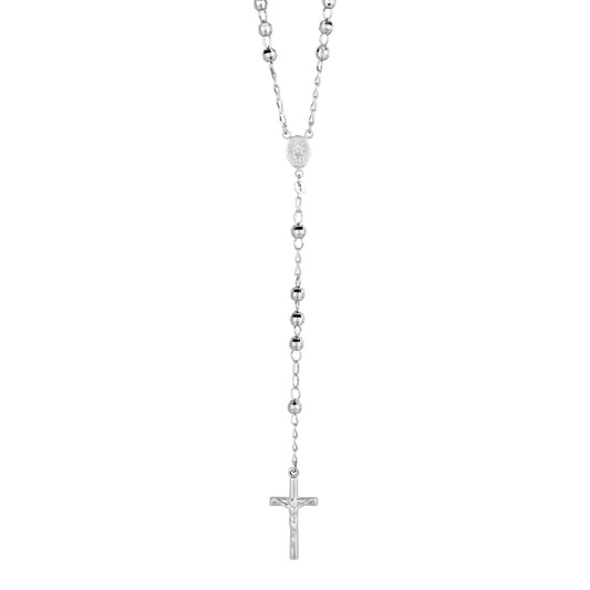 Royal Chain Silver Diamond Cut Large Bead Rosary Necklace AGW945