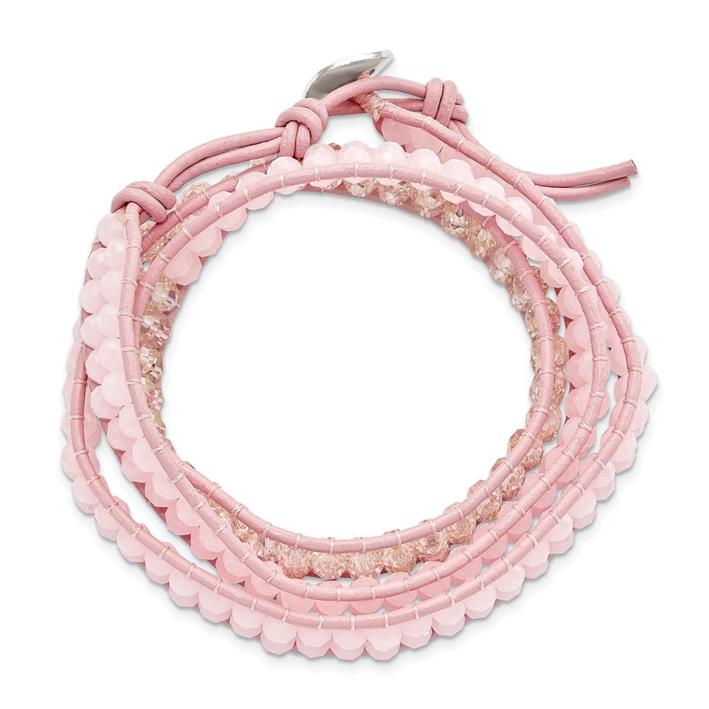 Pink Leather Rose Quartz Beaded Multi Wrap Brass Button Bracelet BF2092