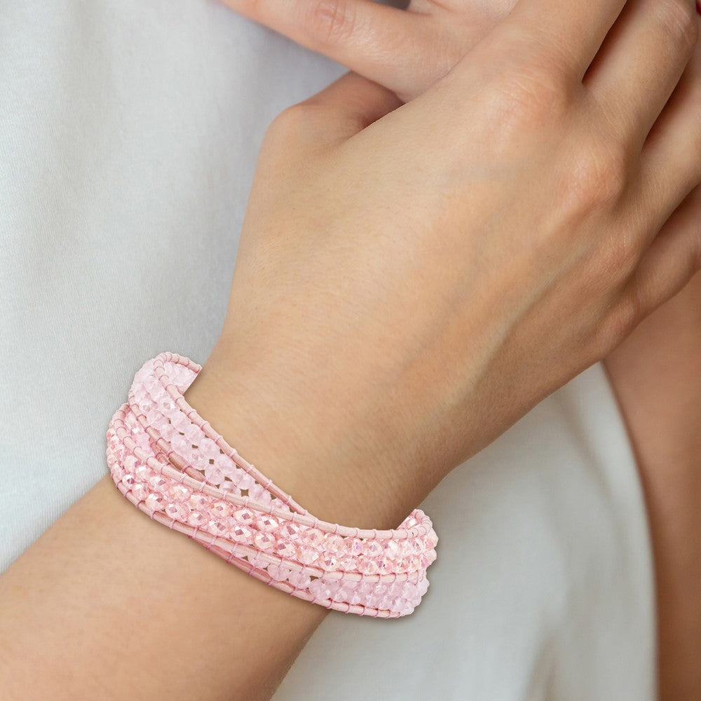 Pink Leather Rose Quartz Beaded Multi Wrap Brass Button Bracelet BF2092