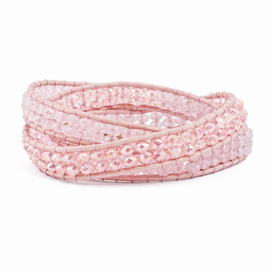 Pink Leather Rose Quartz Beaded Multi Wrap Brass Button Bracelet BF2092