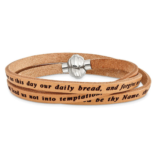 AMEN Stainless Steel Lord's Prayer Tan Leather Wrap with Magnetic Clasp with Magnetic Clasp 21 Inch Bracelet BF3231-MD
