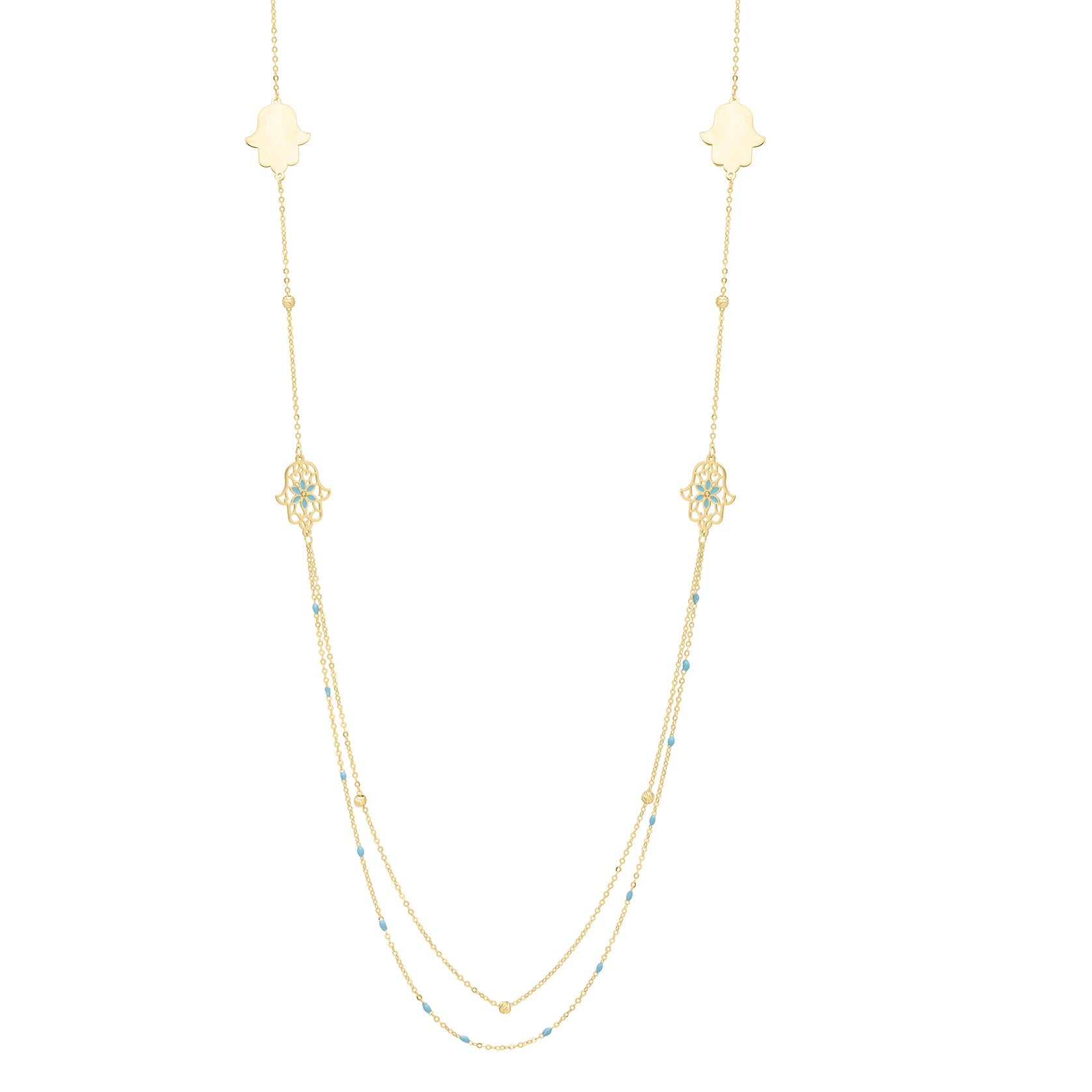 Royal Chain 14K 30" Long Hamsa Stationed Necklace C17048