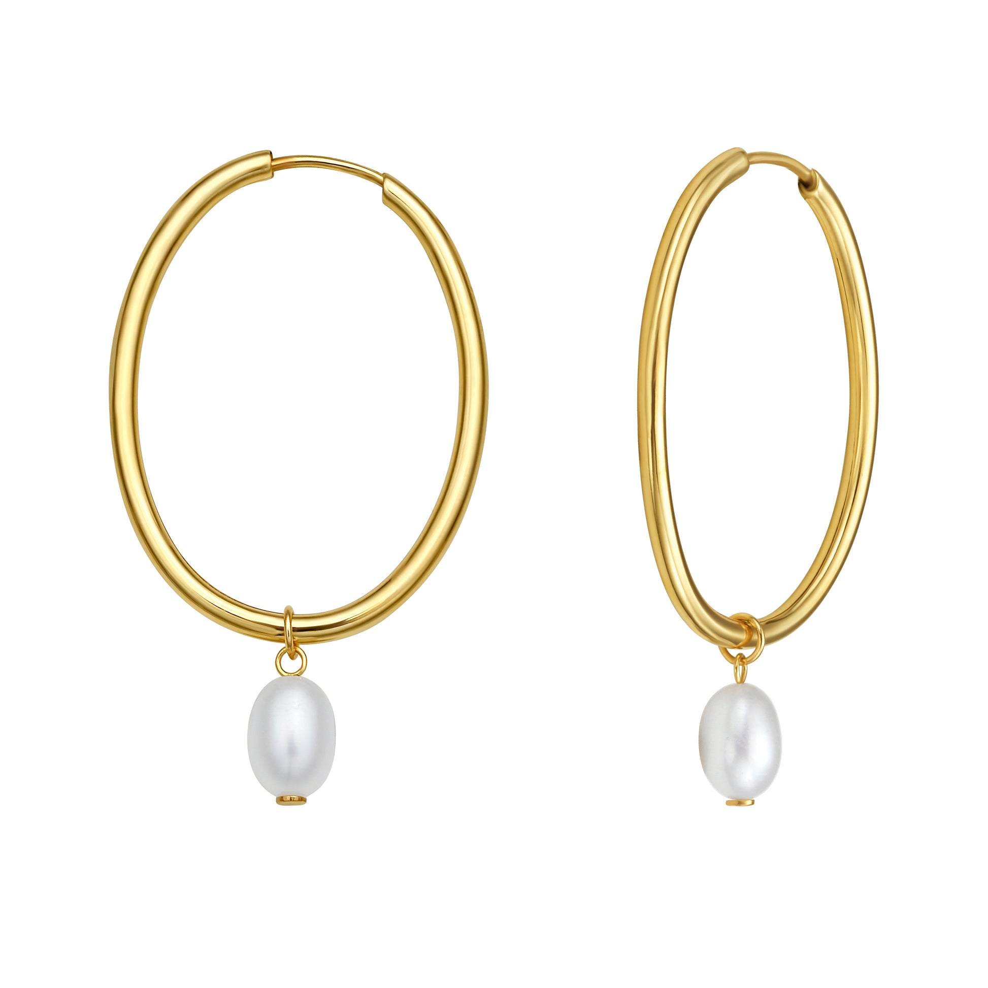 Royal Chain 14K Pearl Drop Oval Hoops E15513