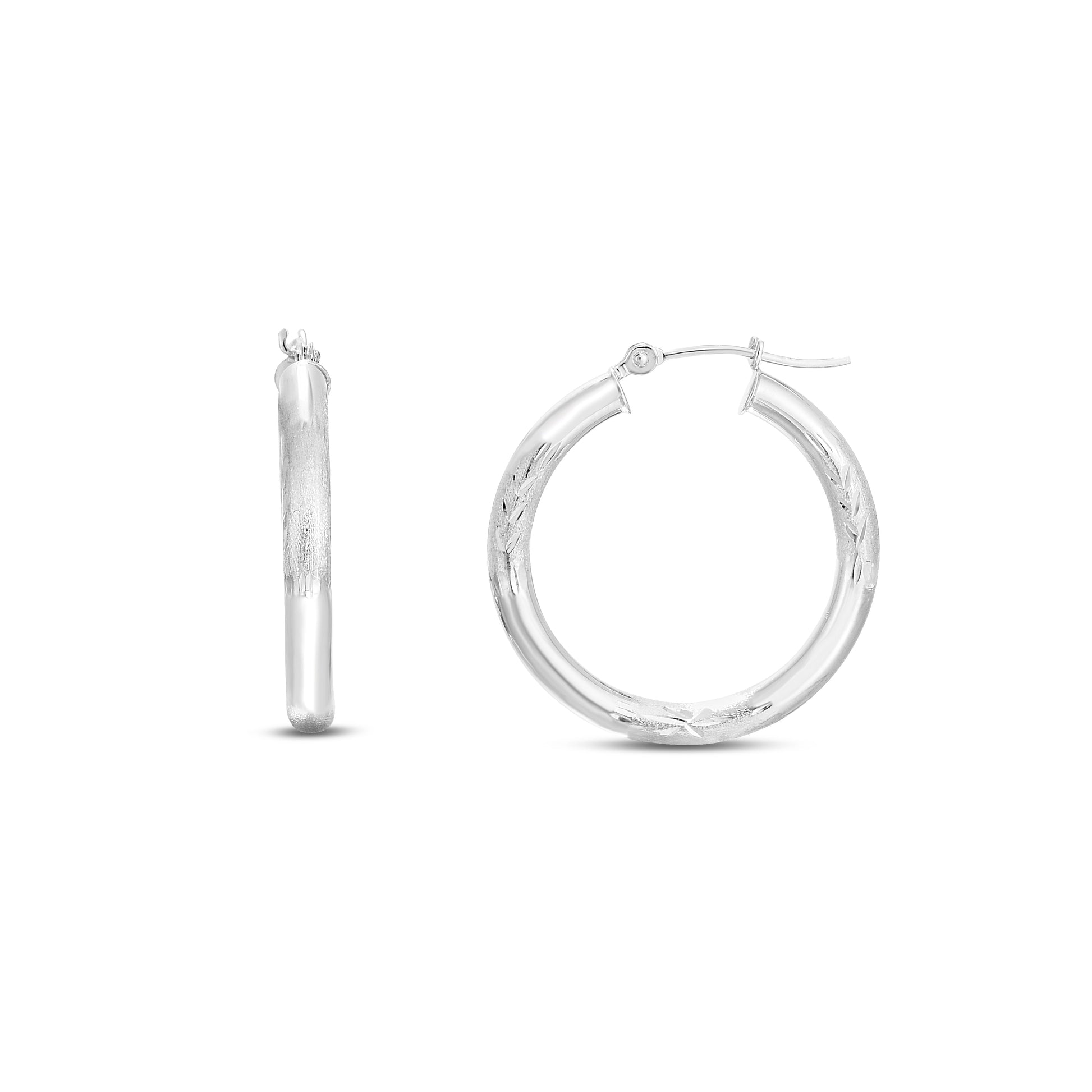 Royal Chain 14K White Gold 3mm Diamond Cut & Polished Design Hoop Earring ER10